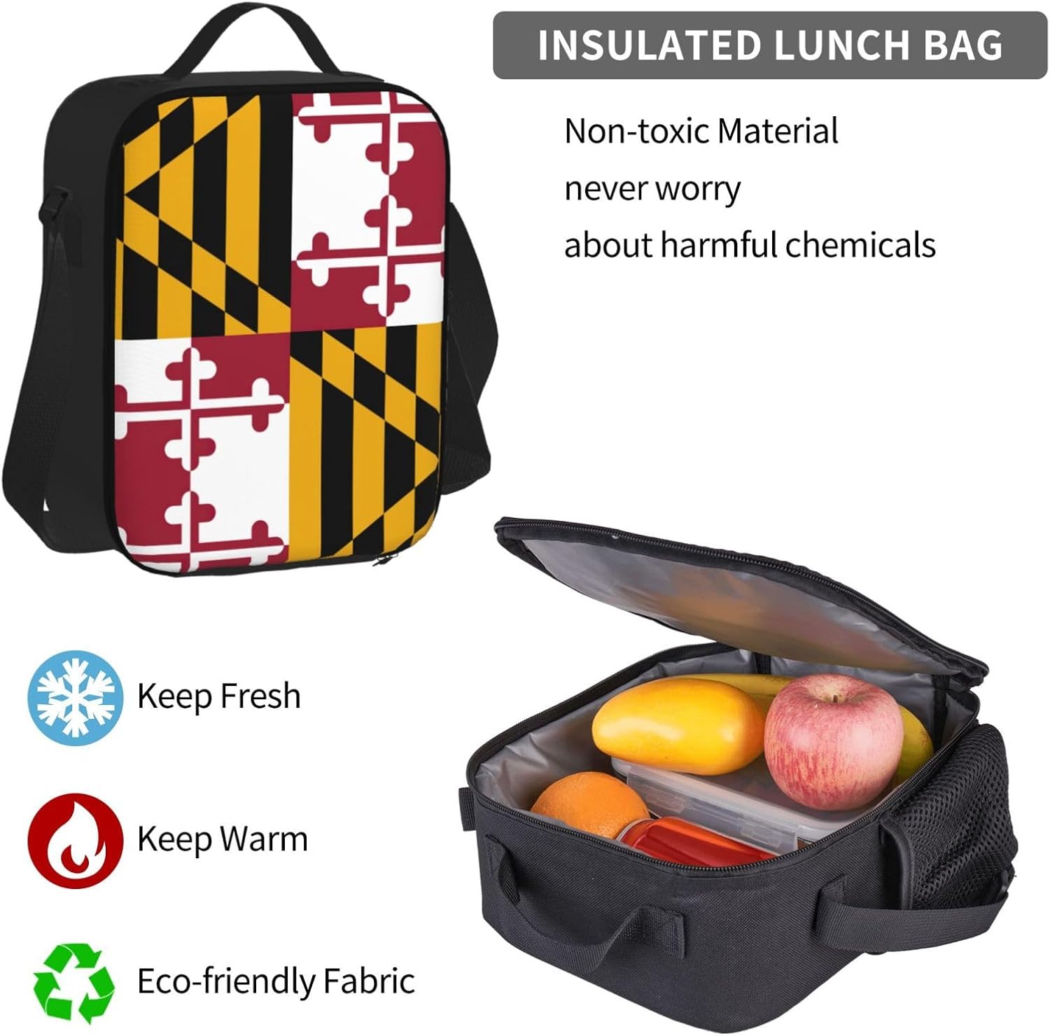 WURTON Maryland State Flag Print Shoulder Backpack 3 In 1 Bookbag Set Lunch Box Pencil Case Travel Laptop Daypacks