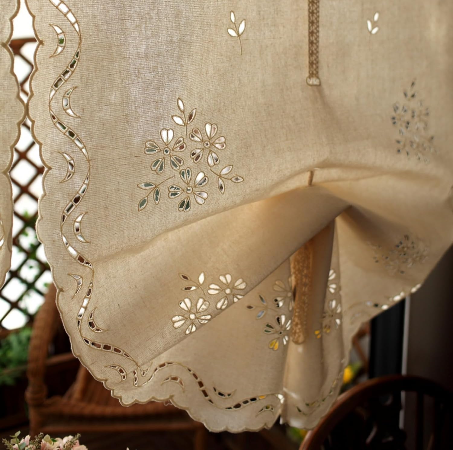 Beige Cotton Semi Transparent Embroidered Fabric Balloon Curtain Window Shades Roman Shades Window Treatment Tie Up Curtain Cottage Adjustable Tie Tieup, Rod Pocket/Pinch Pleat, 2 Pieces