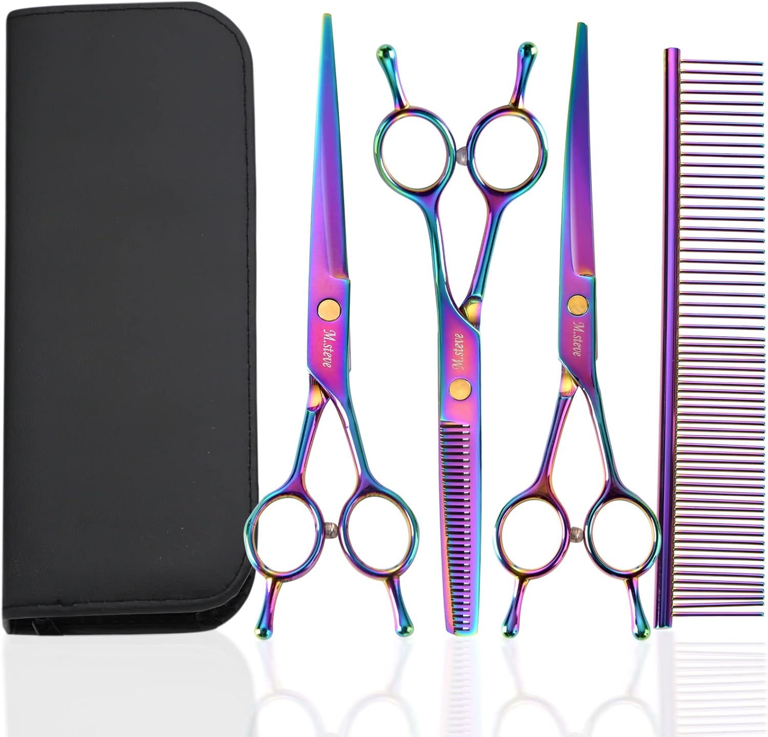 Dog Scissors for Grooming 7 in 1 Professional Pet Cat Hair Cutting Shears Kit At Home for Small Dogs, Including Straight Curved Thinning Scissors with Safety Round Tip, Comb