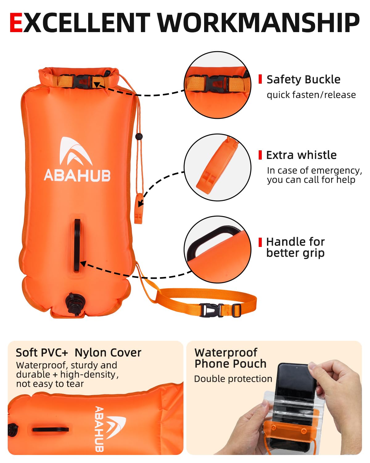 Abahub Boa galleggiante gonfiabile con sacca asciutta, 28 l, per nuotatori | Dry Bag impermeabile con fischietto di allarme, custodia per cellulare impermeabile, aiuto per il nuoto