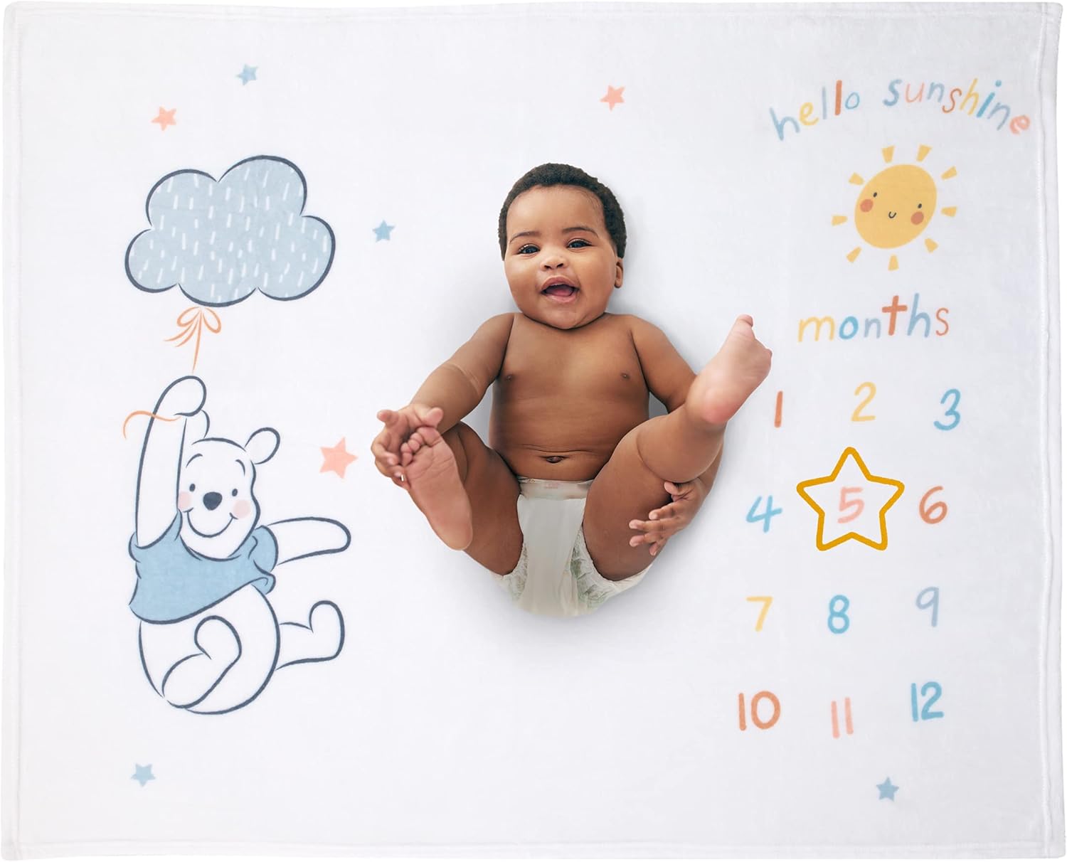 Disney Winnie The Pooh White, Yellow, and Aqua Super Soft Milestone Baby Blanket