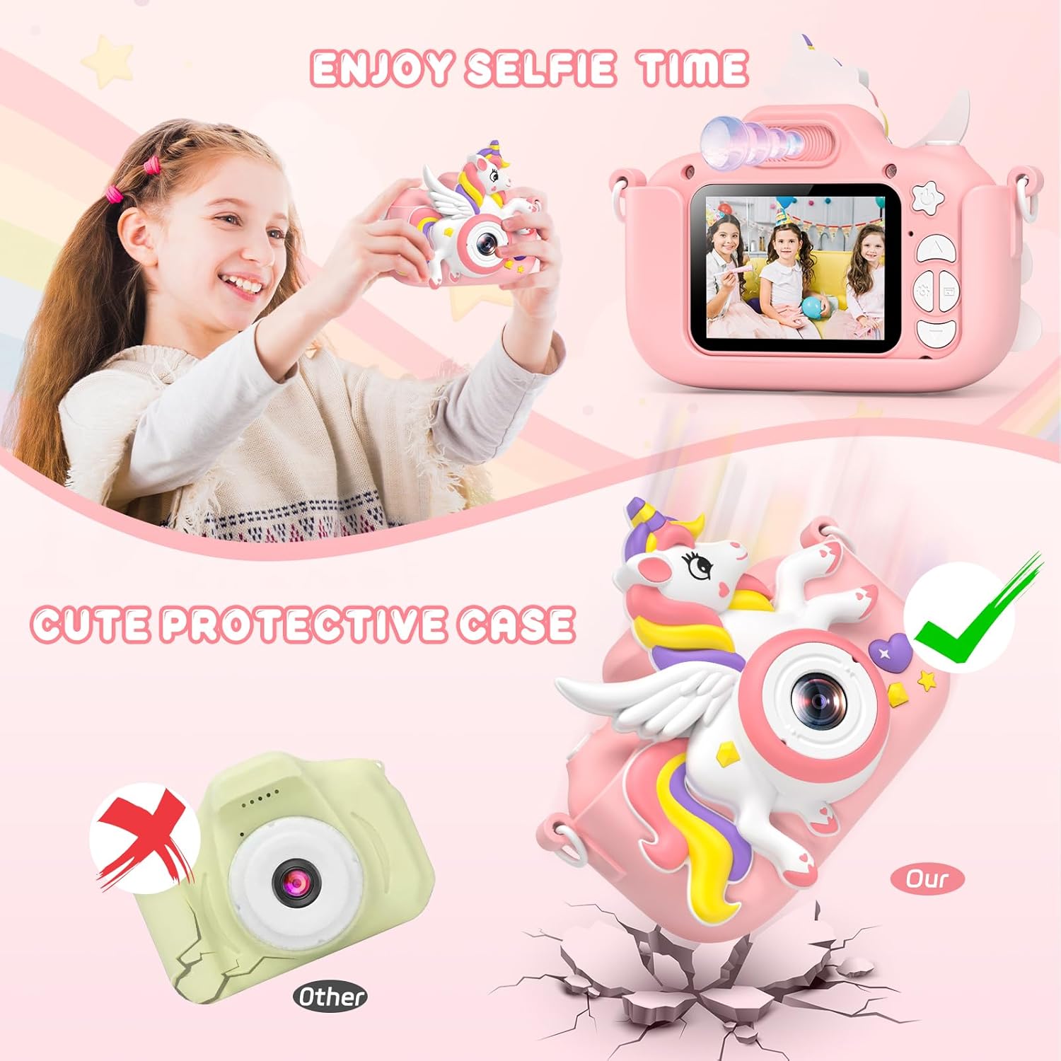 Kids Camera Toys Digital Camera for Girls Boys, Christmas Birthday Gifts for Kids Age 3-12, Selfie 1080P HD Video Digital Camera for 3 4 5 6 7 8 9 10 Year Old Girls with 32GB TF Card Pink-Unican image 5 of 13 B0D7W21C2C