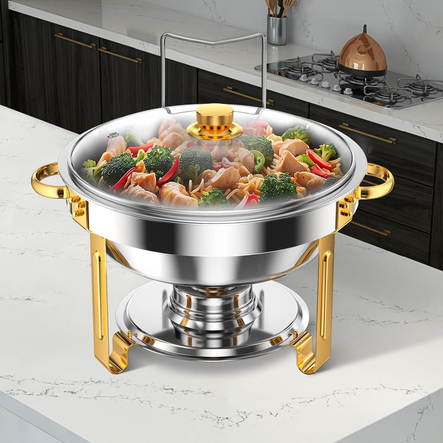 Set di 4 scaldavivande da buffet da 5 litri, in acciaio inox, rotondi, con coperchio in vetro e supporto, scaldavivande per feste, matrimoni, compleanni (vetro argentato)