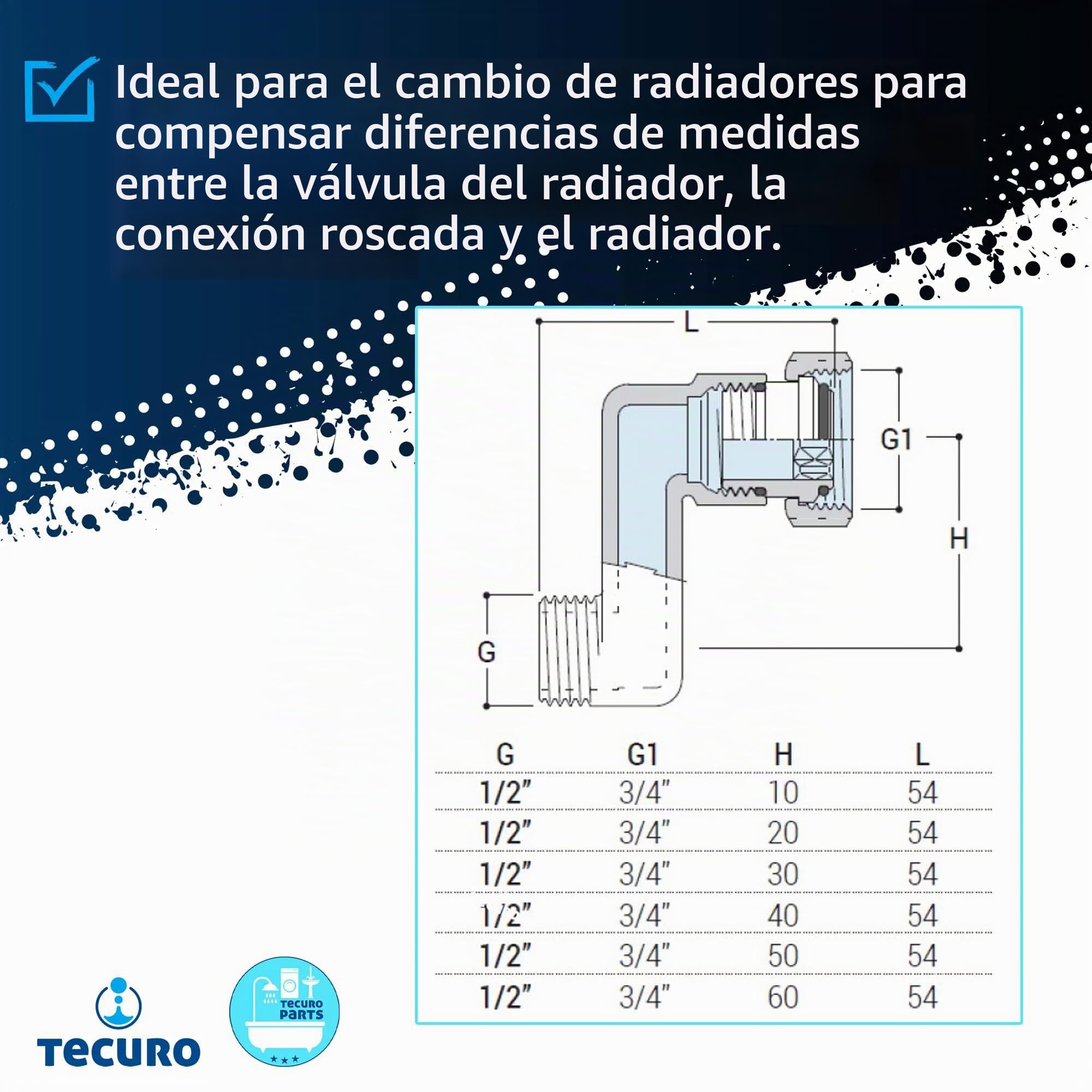 TECURO Conexión S para radiador con ajuste de altura de 50 mm, cono europeo, DN 15 (1/2 pulgada) macho x DN 20 (3/4 pulgada) tuerca de unión niquelada en latón, AGS-50