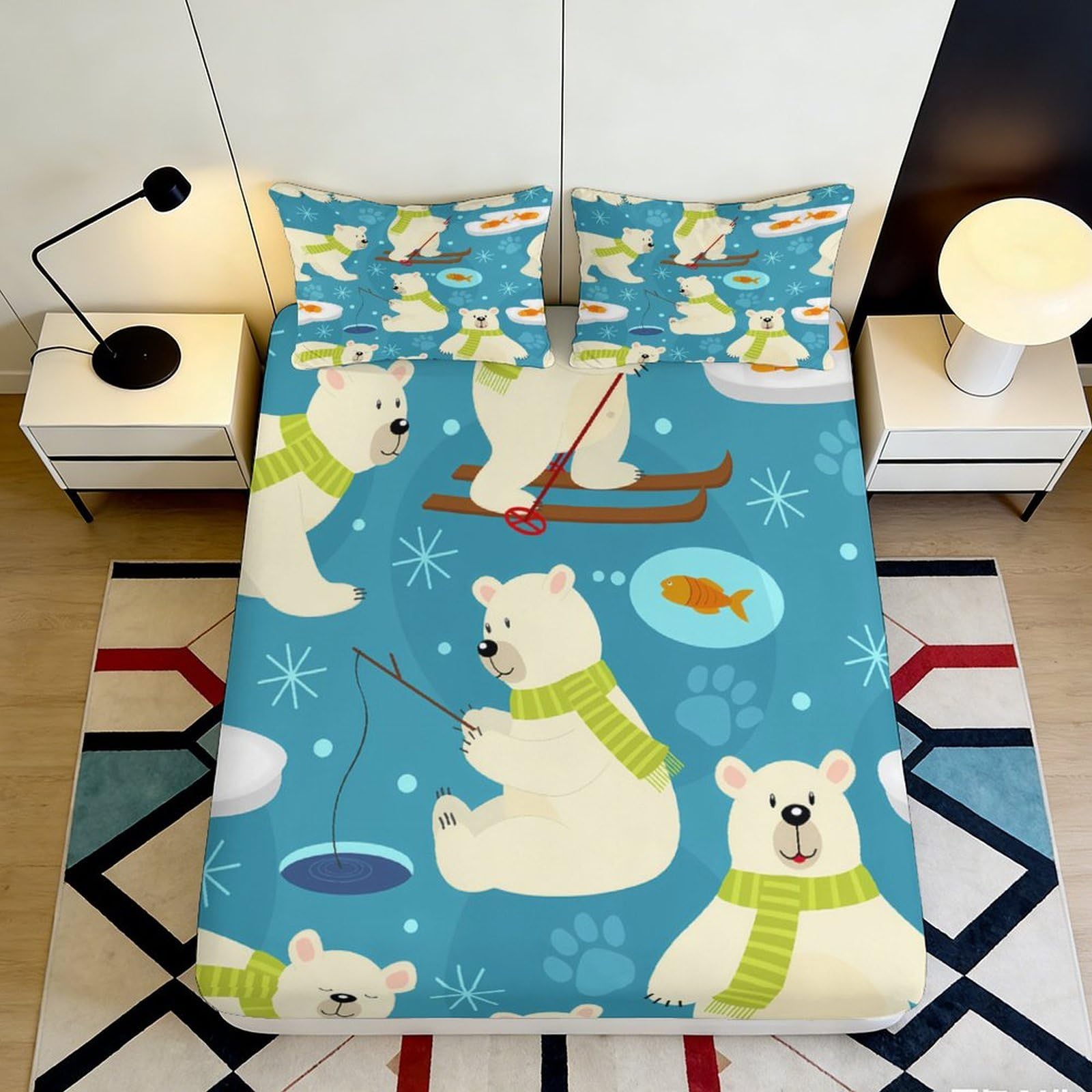 3D Printed Polar Bear Winter Fitted Sheet Microfiber Anti-Slip Blue Cartoon Bed Cover for Bedroom Guest Room Mattress Protection Decor 90x200x25cm