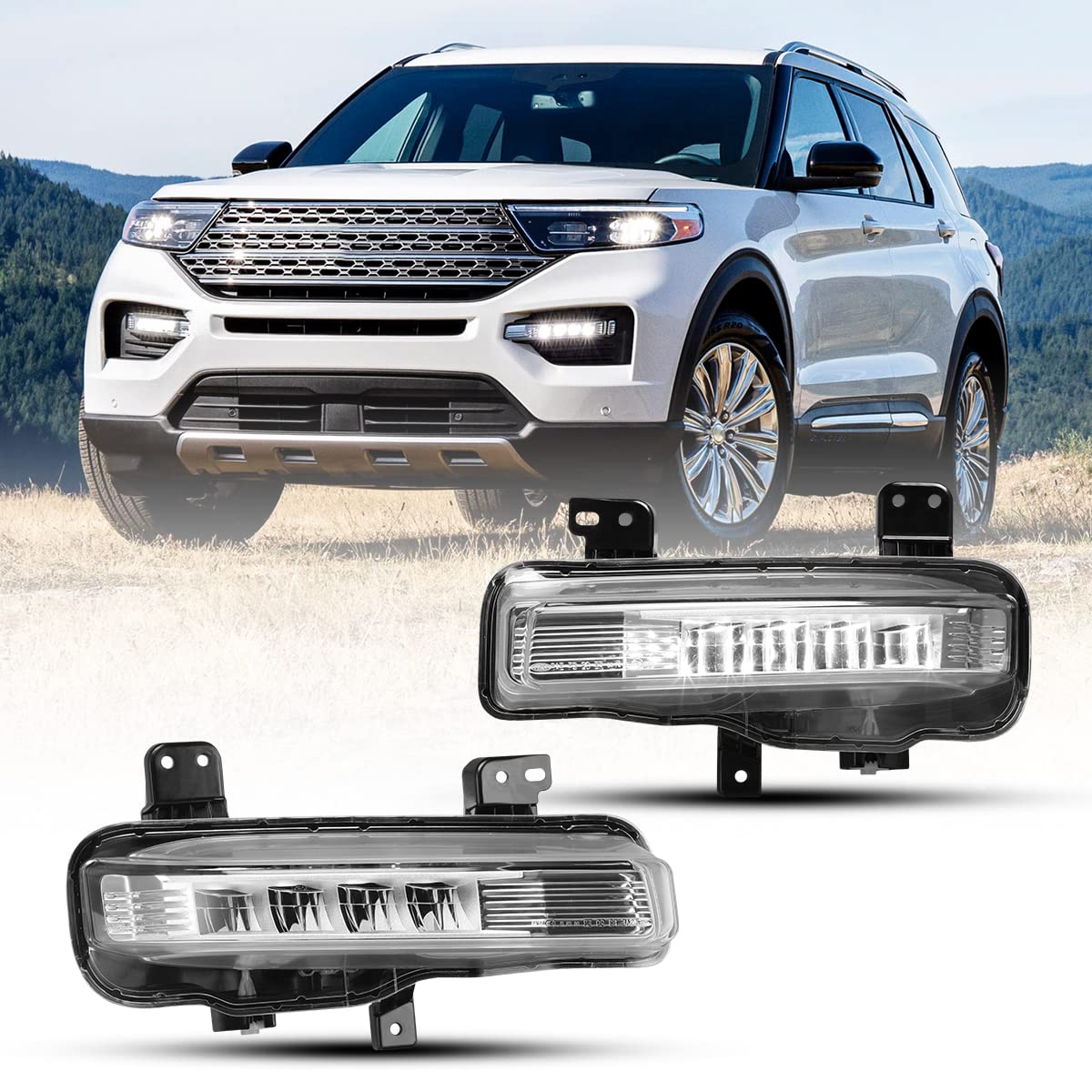 ROXX Fog Lights Assembly for 2020 2021 2022 Ford Explorer, Driving Fog Lights OEM Lamps Replacement with Led Bulbs and Wiring Kit & Switch Driver and Passenger Side