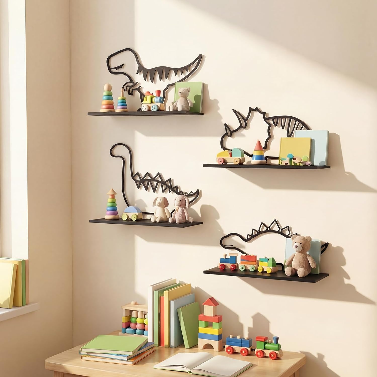 Sieral 4 Pack Dinosaur Floating Shelves for Kids Room Metal Wall Shelf Set Detachable Mini Dinosaur Decor for Nursery Boys Bedroom Living Room Bathroom
