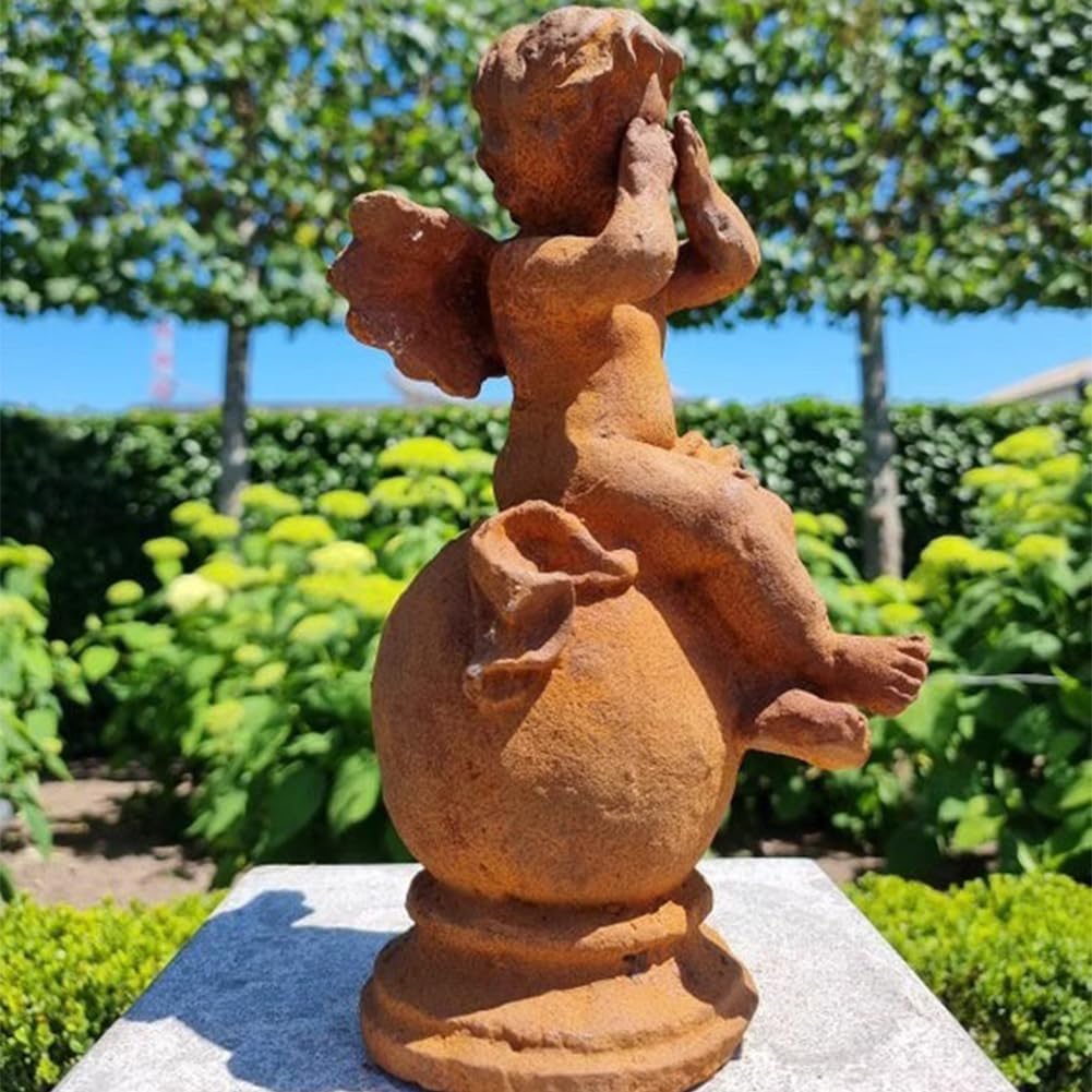 Żeliwna statuetka aniołka, zakryty oczy, 33 cm, antyczna figurka ogrodowa z żeliwa, imitacja rdzy lub biała, dekoracyjna figurka anioła do ogrodu, na taras i do domu (rdza)