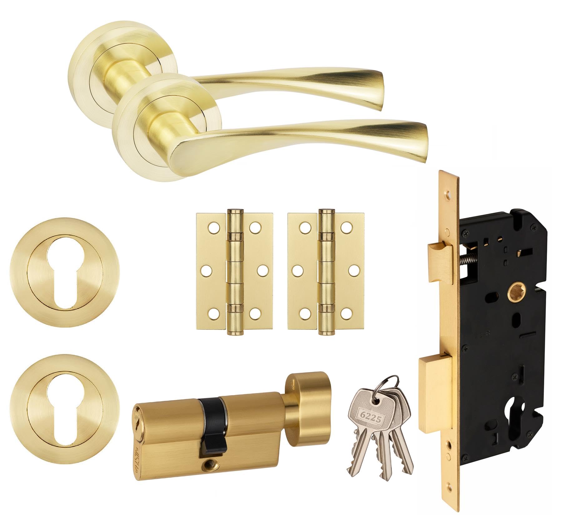 Golden Grace Astrid Design Euro 70mm Key Lock Door Handle Set Euro Lock with Hinges Satin Brass