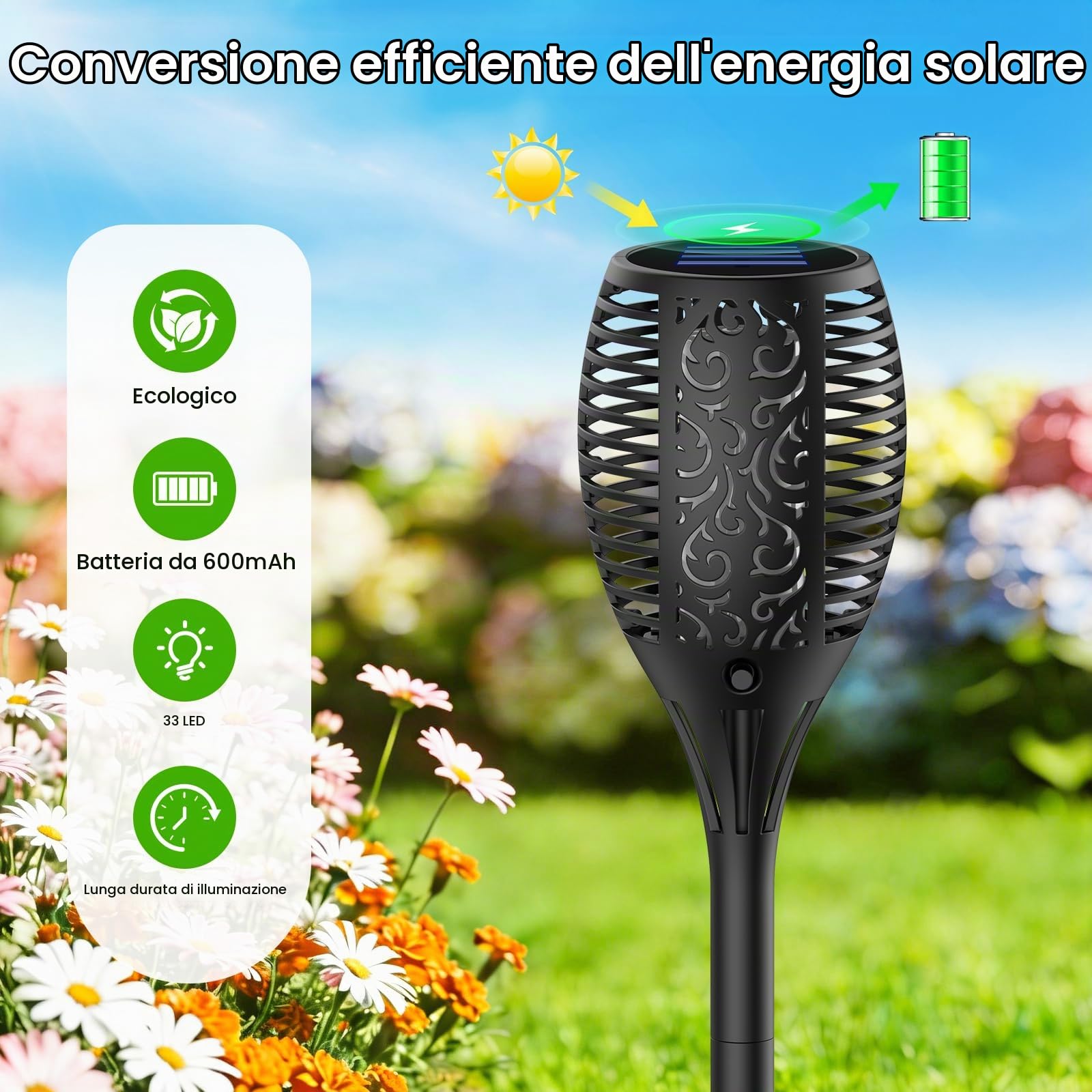 Luci Solari da Esterno 4 Pezzi, Lampade Solari da Giardino con 33 LED Torcia Solare Effetto Fiamma Tremolante Realistico, IP65 Impermeabile, Luce Solare LED da Esterno per Giardino, Vialetto