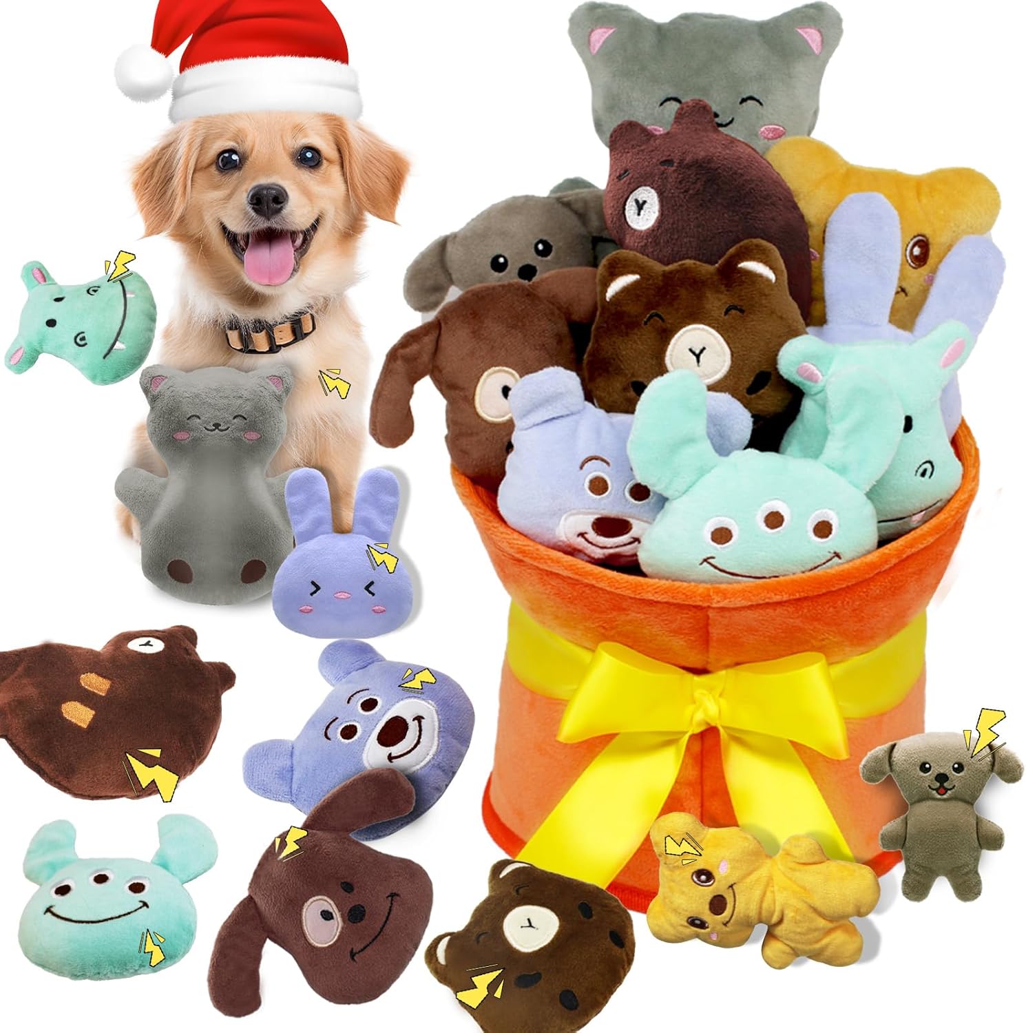 YZHDUXIU Christmas Dog Toys, 11 Pcs Christmas Toys for Small Dogs,10 Cute Animal Plushies for Christmas Dog Gifts,Interactive Flower Bouquet Packaging