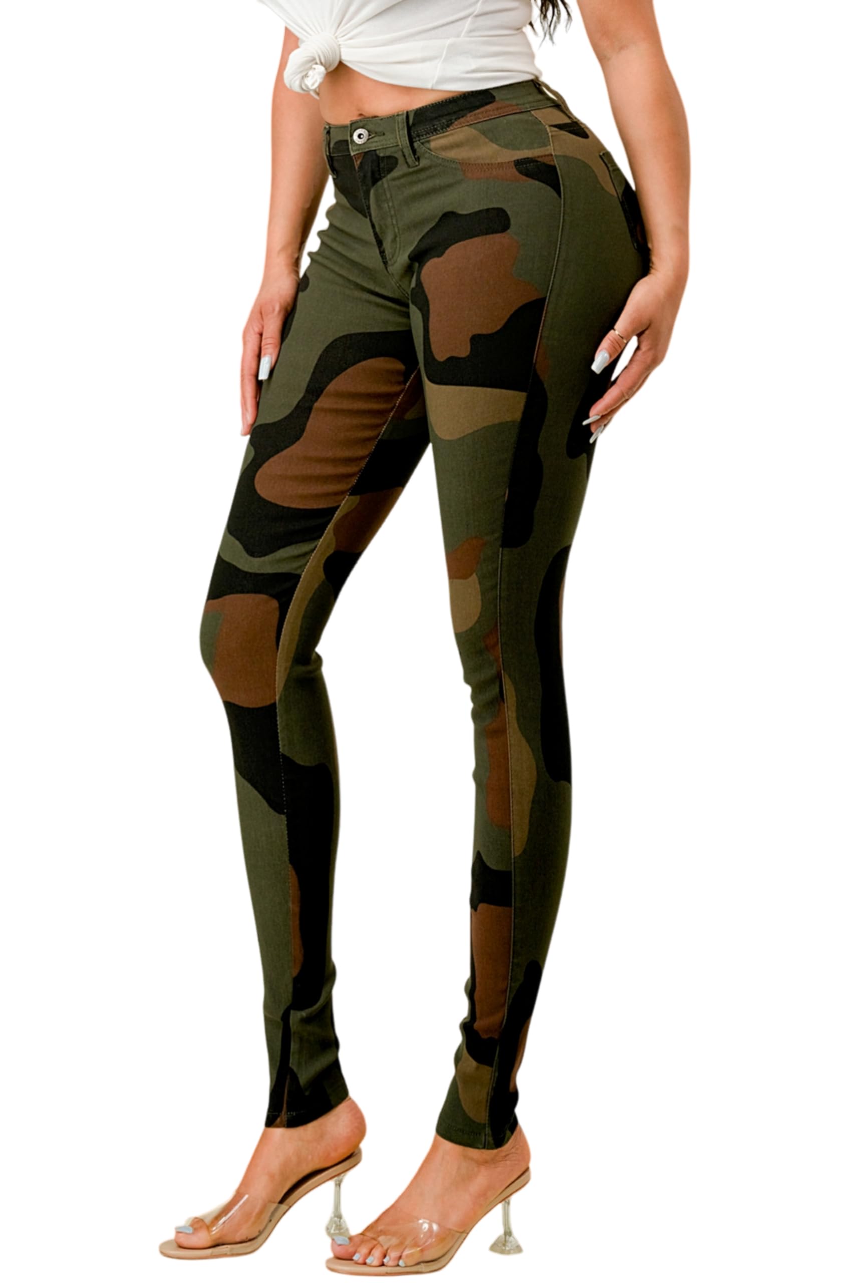 FASHION-LAND High Waisted-Rise Colored Jeans Ripped Destroyed Distressed Stretchy