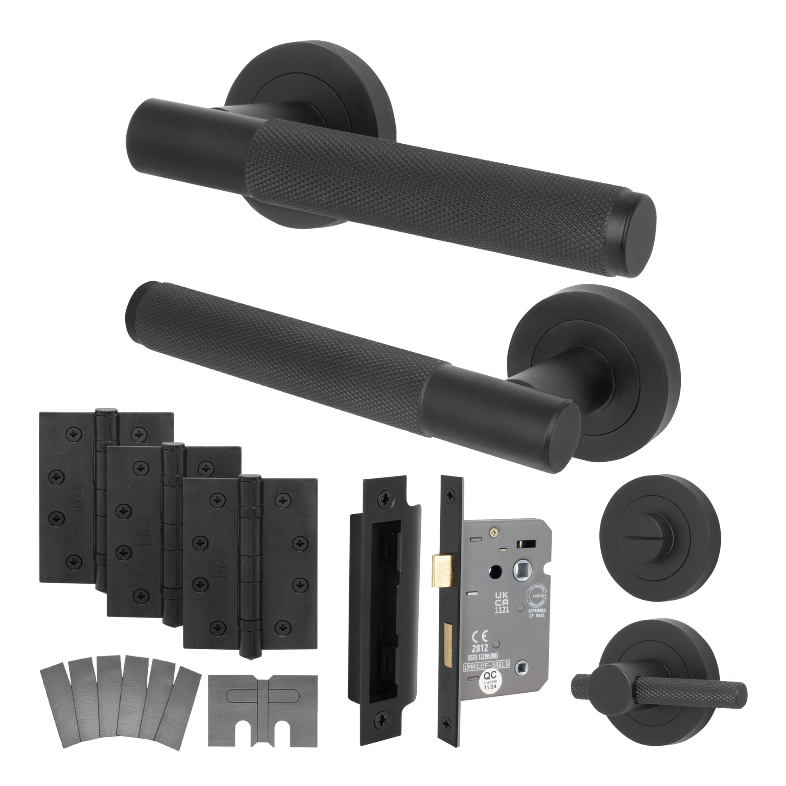 Eai Matt Black Black Fire Door Handle Bathroom Set, Internal Fire Rated Door Handle With 80Mm Bathroom Lock And 102Mm Hinges, Varri Range 1 Pack