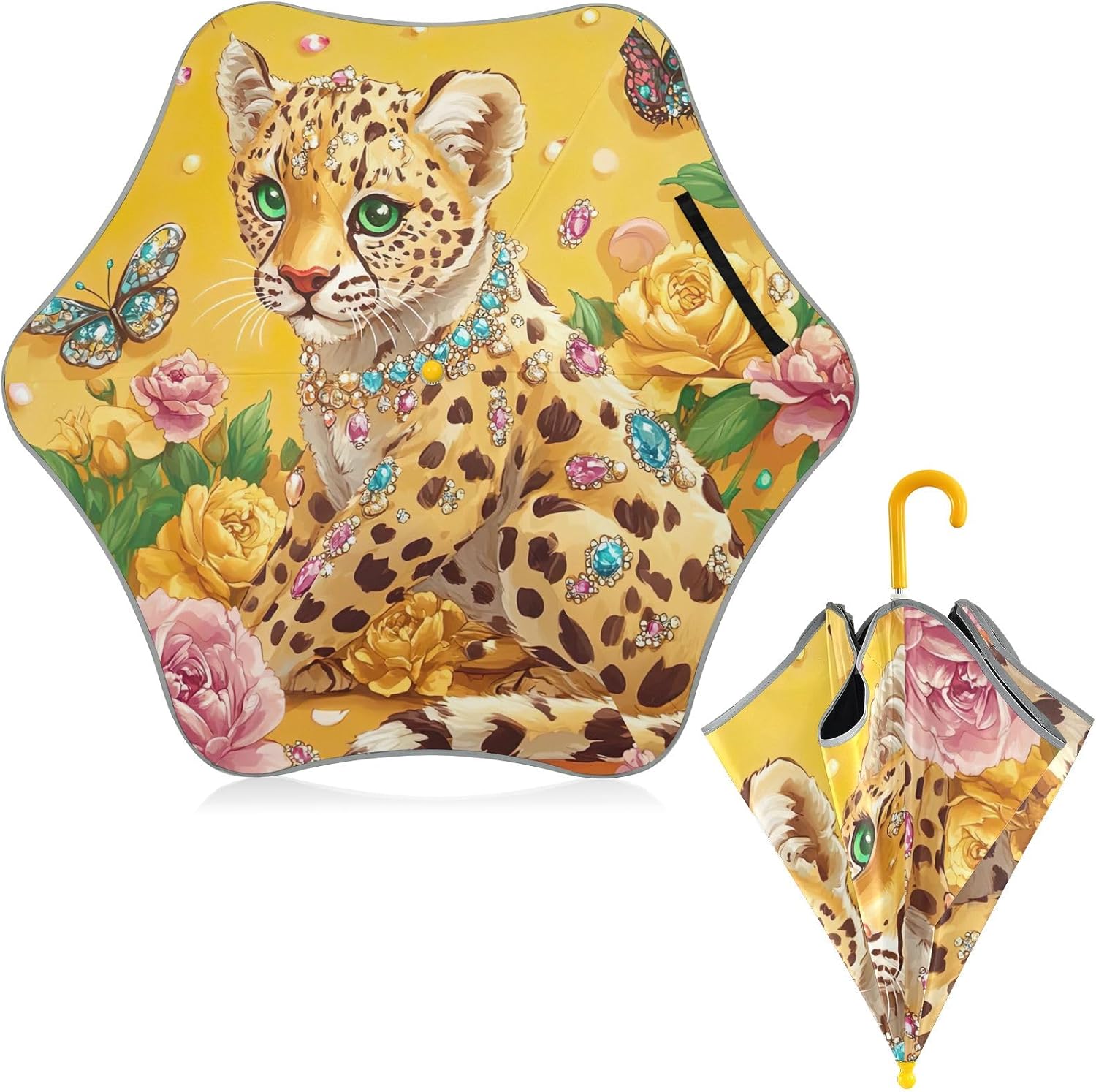 ODAWA Leopard Rose Yellow Stick Umbrellas for Kids with Reflective Strip Rounded Corner Umbrellas for Rain Age 3-8