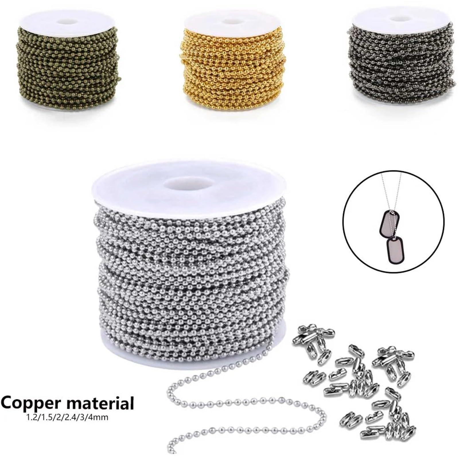 Portachiavi a catena a sfere, 10 rotoli, in metallo, oro, bronzo nero, argento, 5 m/rotolo, per collane fai da te, creazione di gioielli e accessori (nero, 1,2 mm)