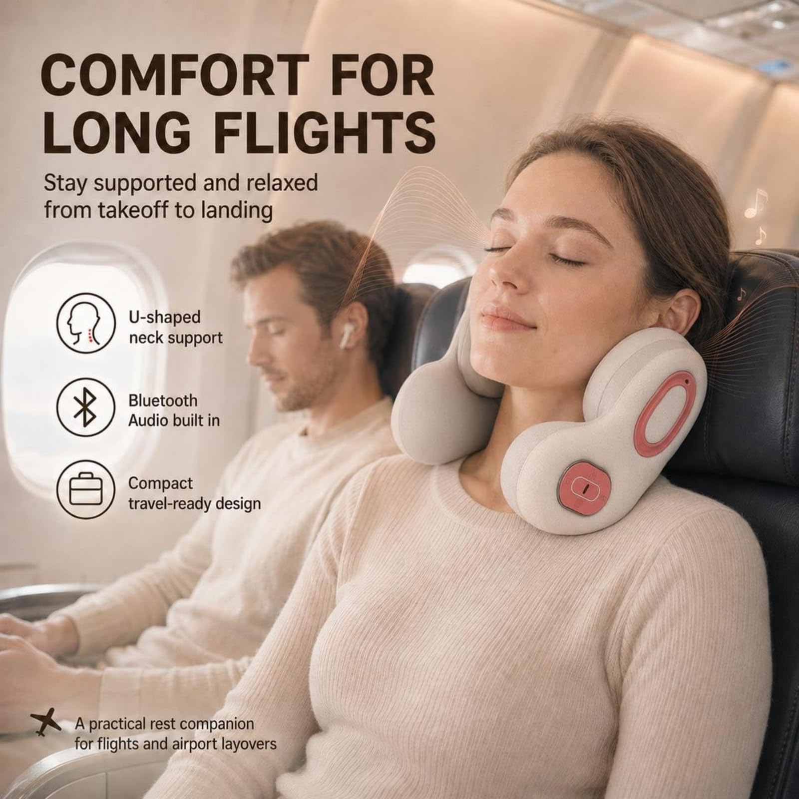Cuscino da Viaggio Massaggiante Riscaldato 3 in 1, Cervicale U con Altoparlante Bluetooth, Massaggiatore Collo e Spalle con Calore per Aereo, Treno, Auto e Ufficio