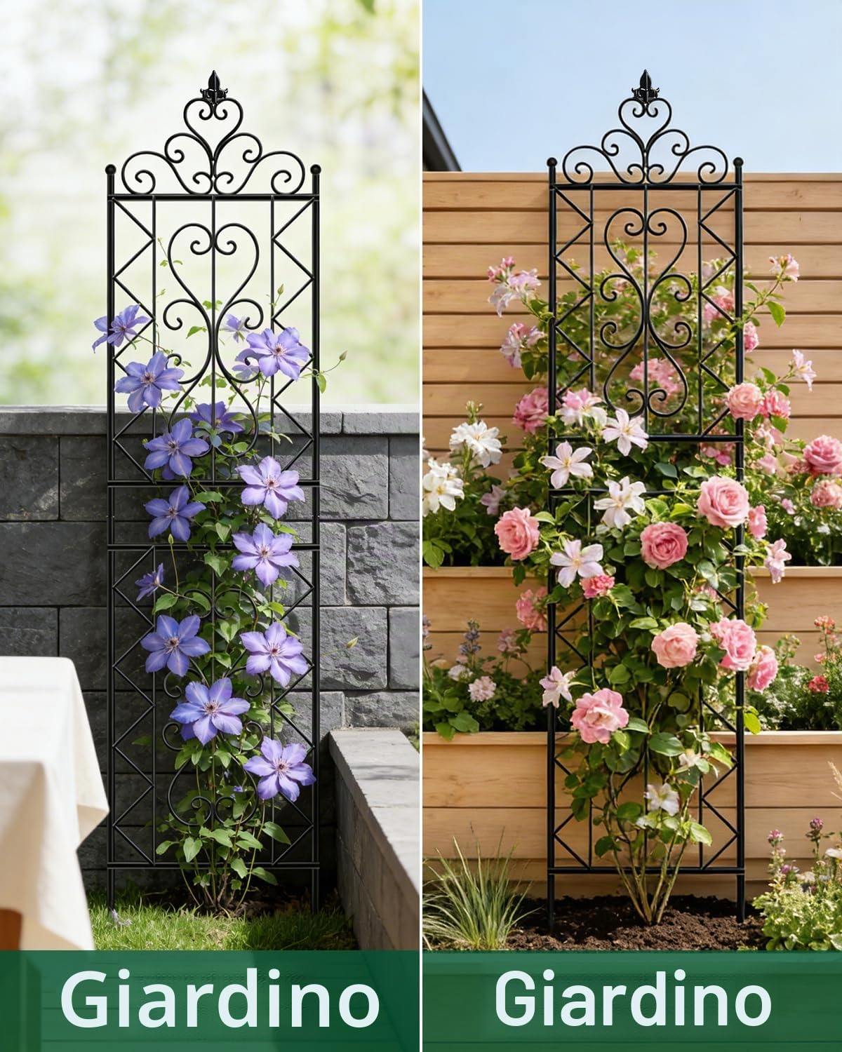 ARIFARO Set di 2 Tralicci per Piante Rampicanti, 200cm x 50cm Supporto in Metallo per Giardino e Balcone, Grigliato Decorativo Stabile e Antiruggine per Rose, Fiori e Vasi, Nero, Motivo floreale