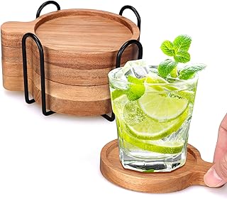 Best Wooden Handle Coasters Set of 4 with Holder Coffee Table Decor Acacia Wood Coaster for Living Room Modern Cup Coaster for Drink Home Kitchen Dining Accessories Bar Farmhouse Outdoor Decorative