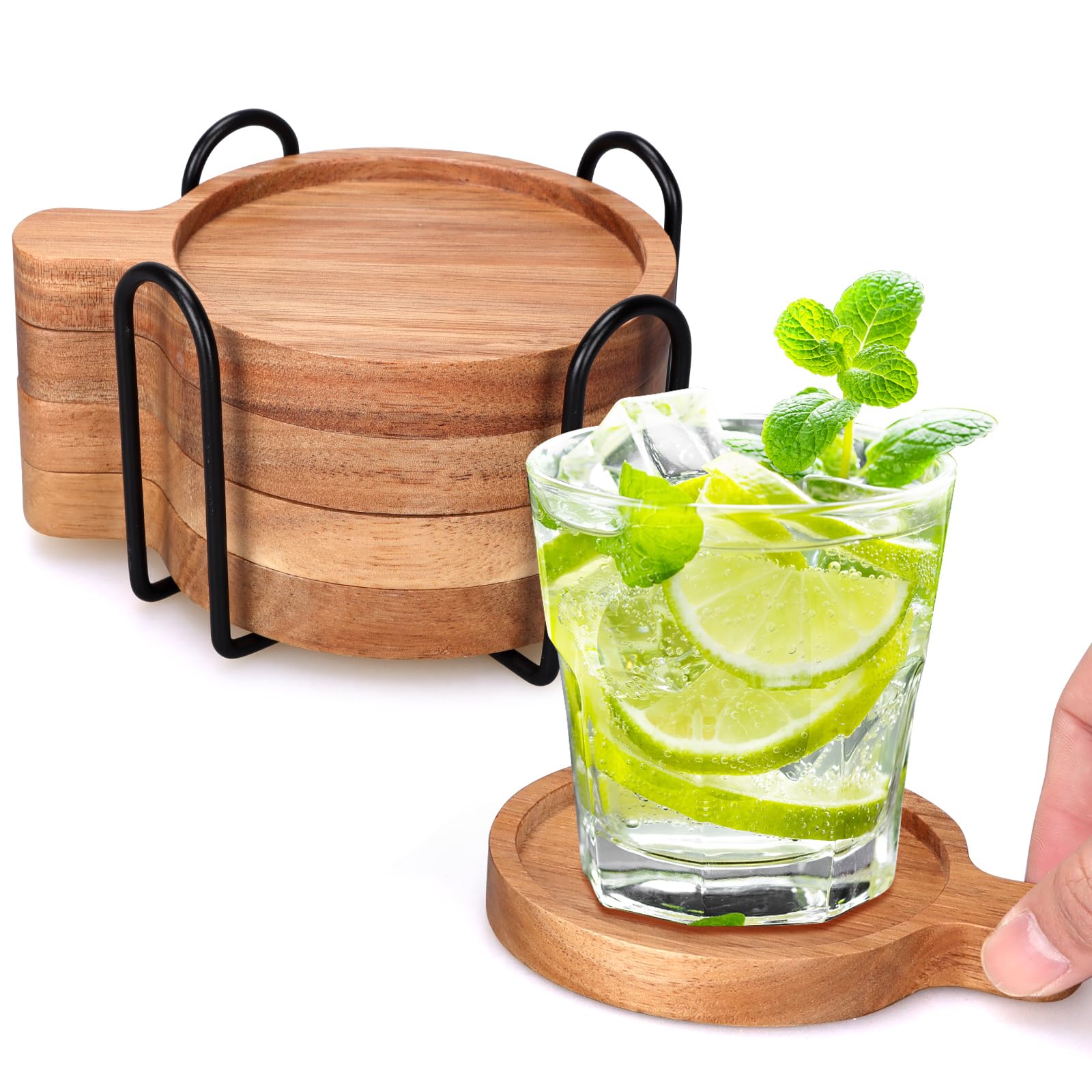 Best Wooden Handle Coasters Set of 4 with Holder Coffee Table Decor Acacia Wood Coaster for Living Room Modern Cup Coaster for Drink Home Kitchen