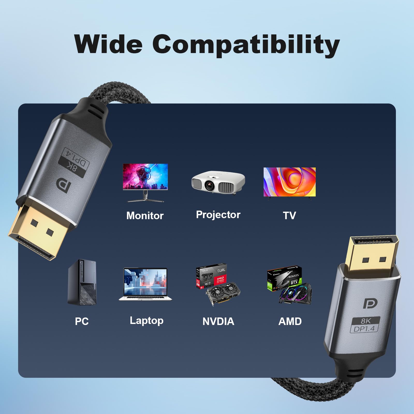 Câble DisplayPort 8K 4K 1.4, [certifié VESA] Câble DP de 3 m 32,4 Gbit/s, 8K @ 60 Hz, 4K @ 144 Hz, 2K @ 240 Hz, HDR, HDCP, DSC 1.2a, cordon de port d'affichage haute vitesse tressé pour jeux/moniteur