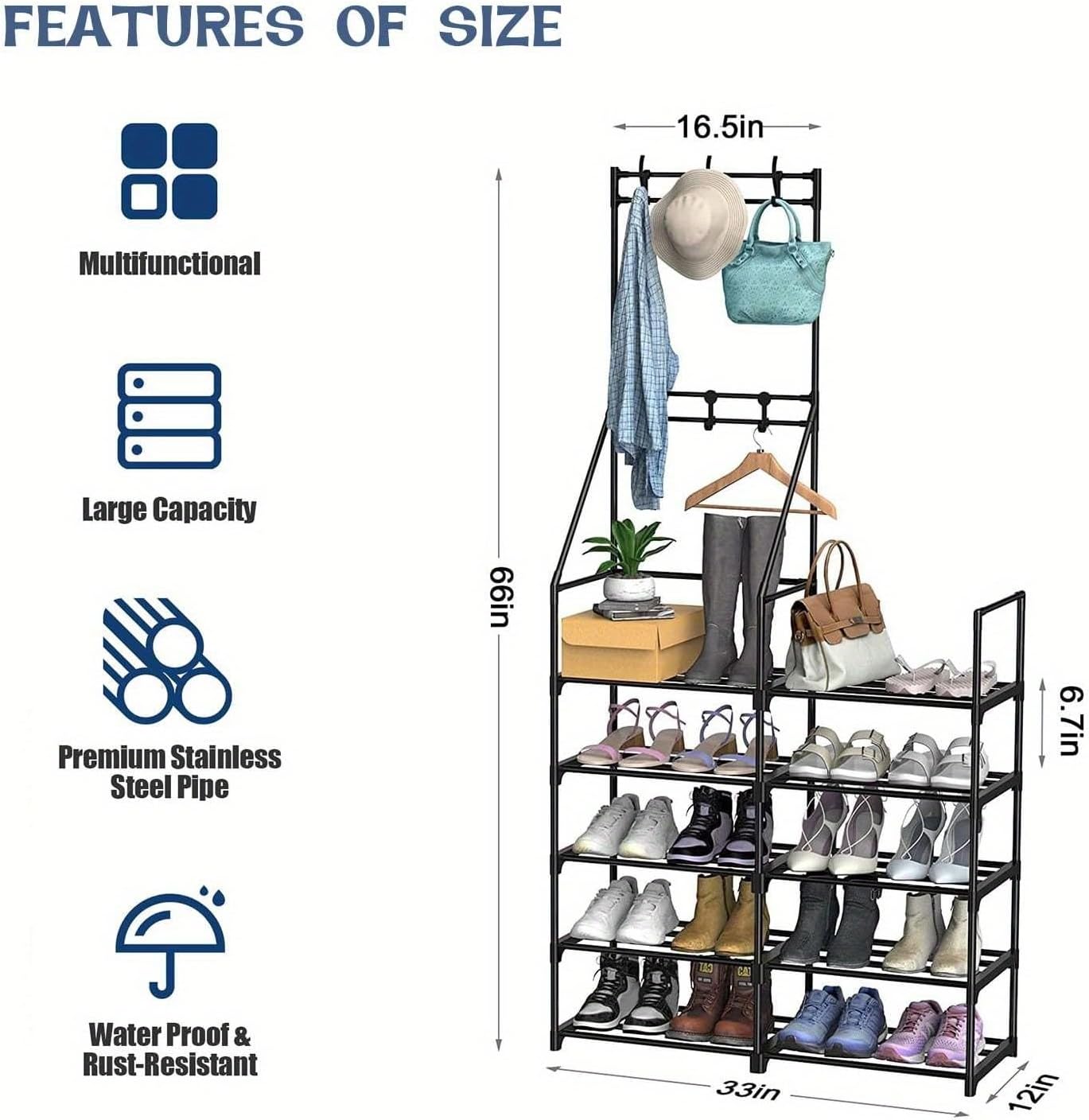 Hall Tree with Shoe Storage, 25-30 Pairs Shoes Vertical Metal Storage Rack Organizer Support Coats, Hat, Keys,Purse Hanging, Floor Standing Shelf for Entryway Door Home Closet,33" W