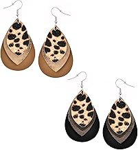 Leopard Print Earrings 2 Pairs Boho Earrings Leopard Accessories Women's Leo Print Leather Hanging Boho Vintage Jewellery Suitable for Daily Matching Masquerade Role Play, Leather