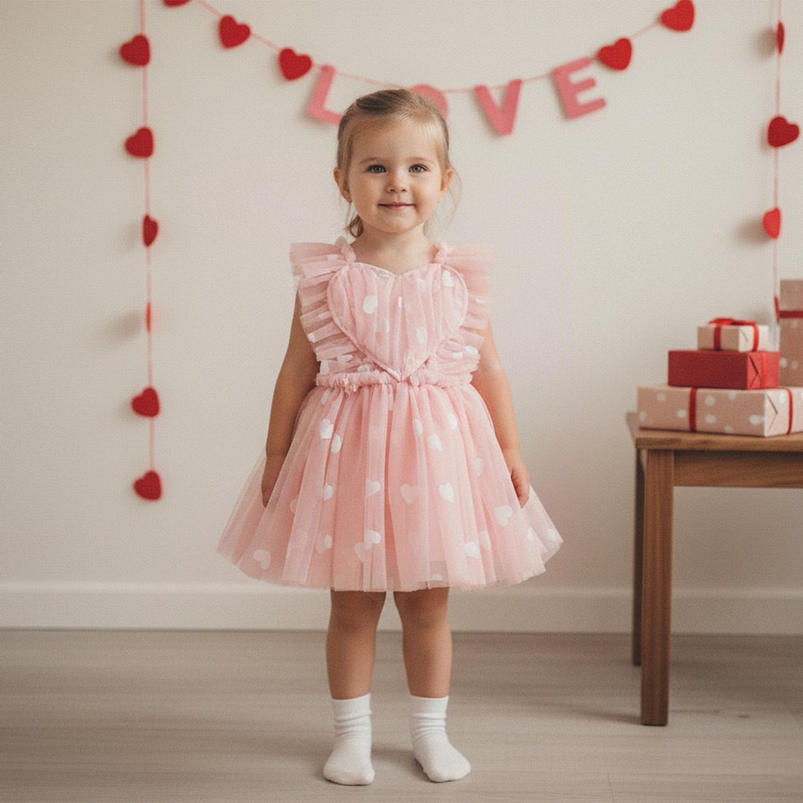GXNRHG Baby Girl Valentines Tutu Sukienka Śliczny nadruk w kształcie serca Pończoch Suknie liniowe Letnia księżniczka Urodziny Party Wzburzona sukienka letnia