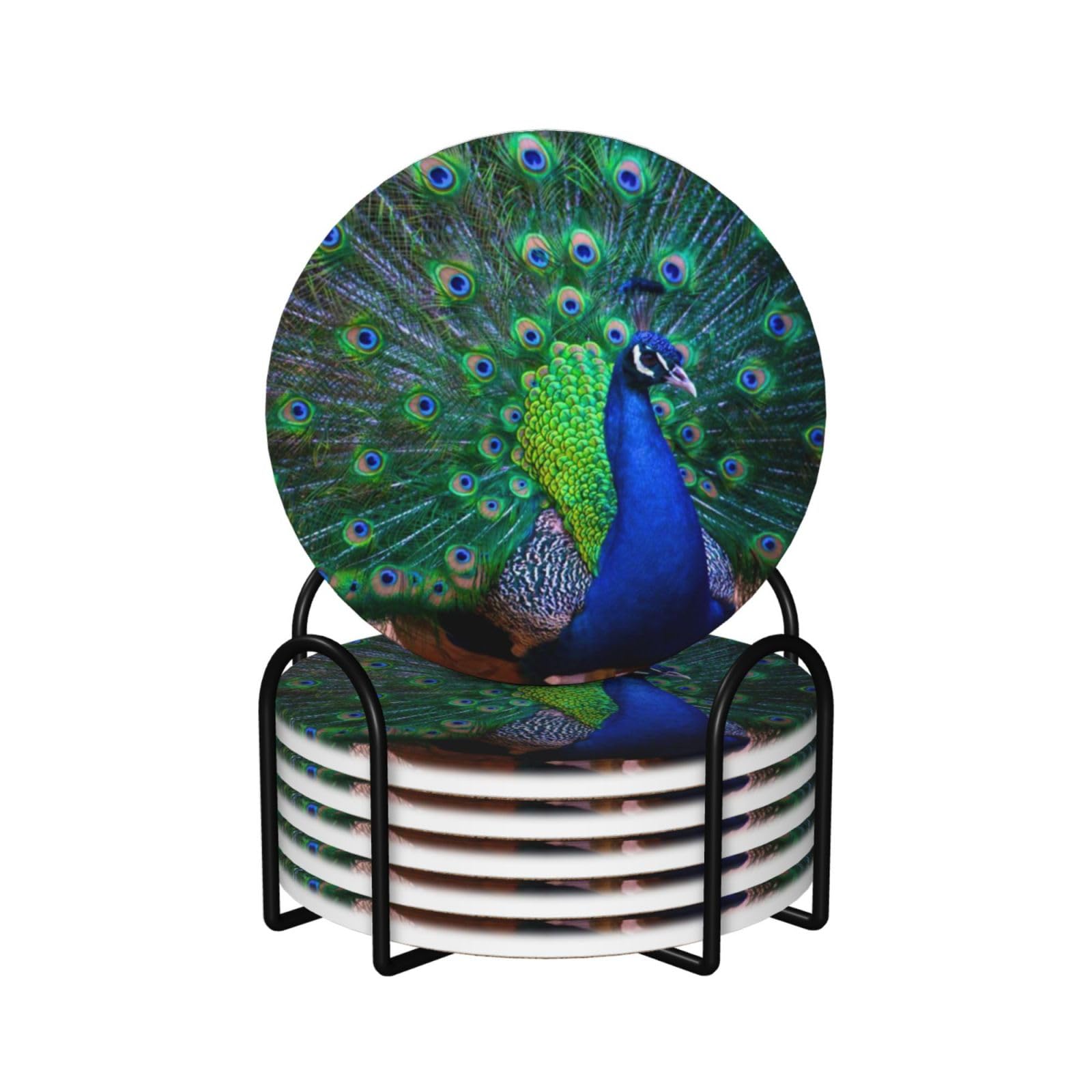 WKSGDSG Ceramic Coaster Set Of 6, Peacock Round Coasters For Drinks With Cork Base And Metal Holder Absorbent Anti Slip Coasters For Coffee Table Room Bar Home Decor Housewarming Gifts