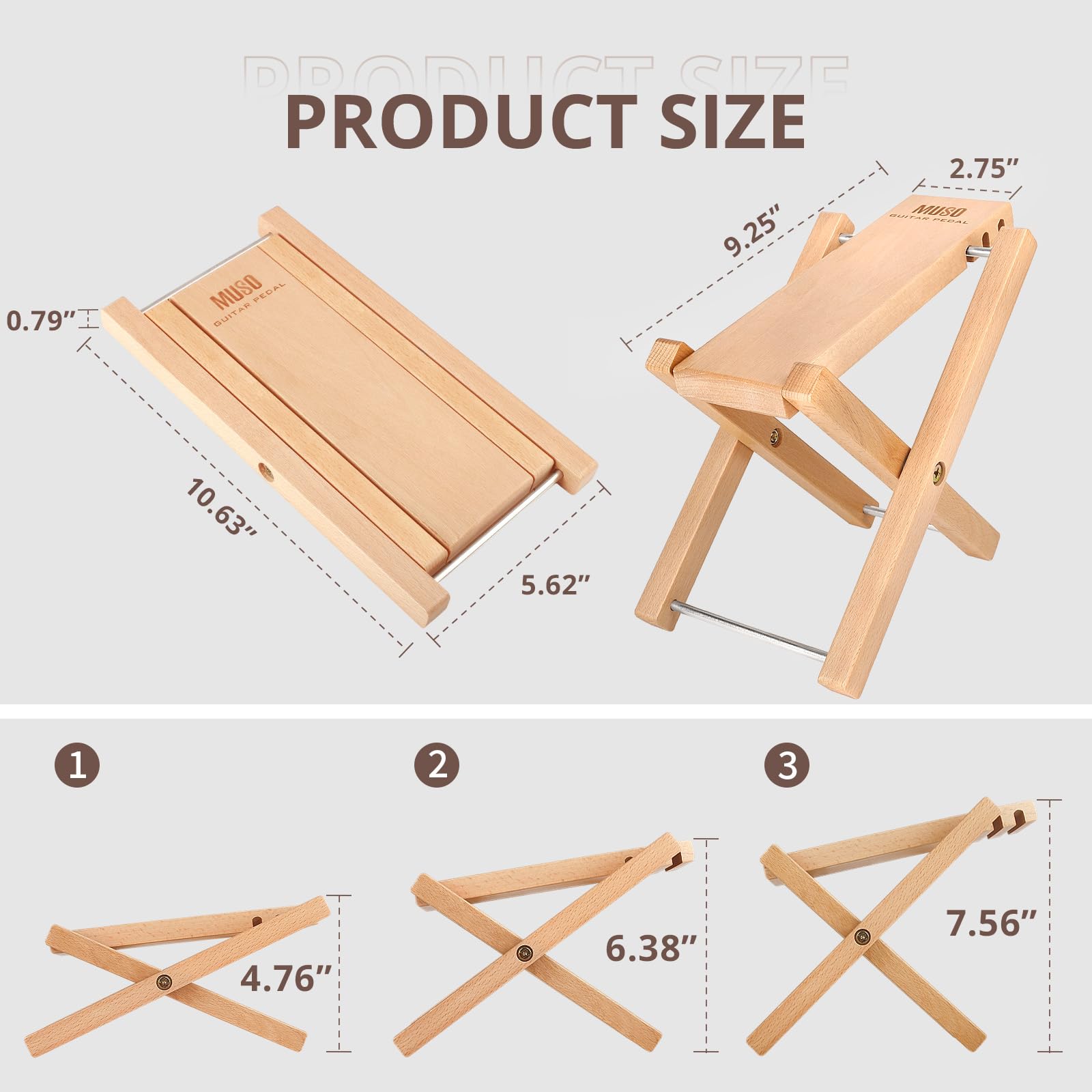 MUSO Gitarren-Fußstützen-Hocker, gefaltetes Holzpedal, 3 Stufen verstellbar, geeignet für klassische Akustikgitarre, ergonomisch und langlebig (Naturholz)
