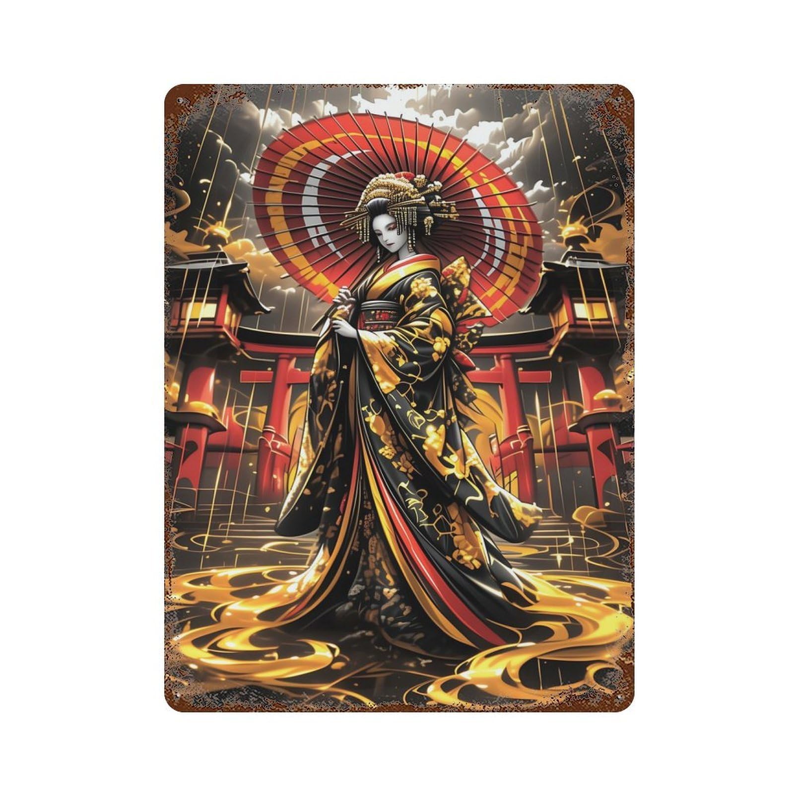Golden Japanese Geisha 15.7"x11.8" Aged Metal Wall Plaque, Novelty Wall Decor for Garage, Bar And Workshop Decor