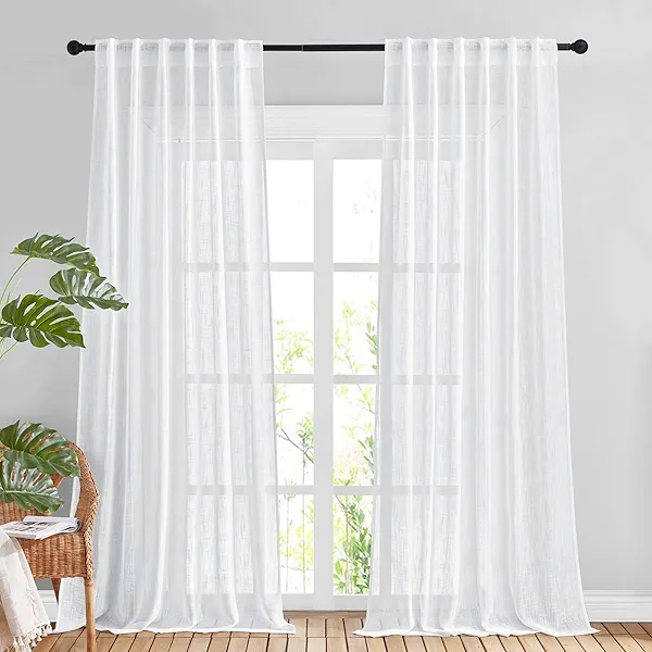 NICETOWN White Sheer 108 inch Curtains, Rod Pocket & Back Tab Semi Linen Sheer Window Treatment Privacy Drapes for Living Room/Bedroom, 104" Wide Total 2 PCs