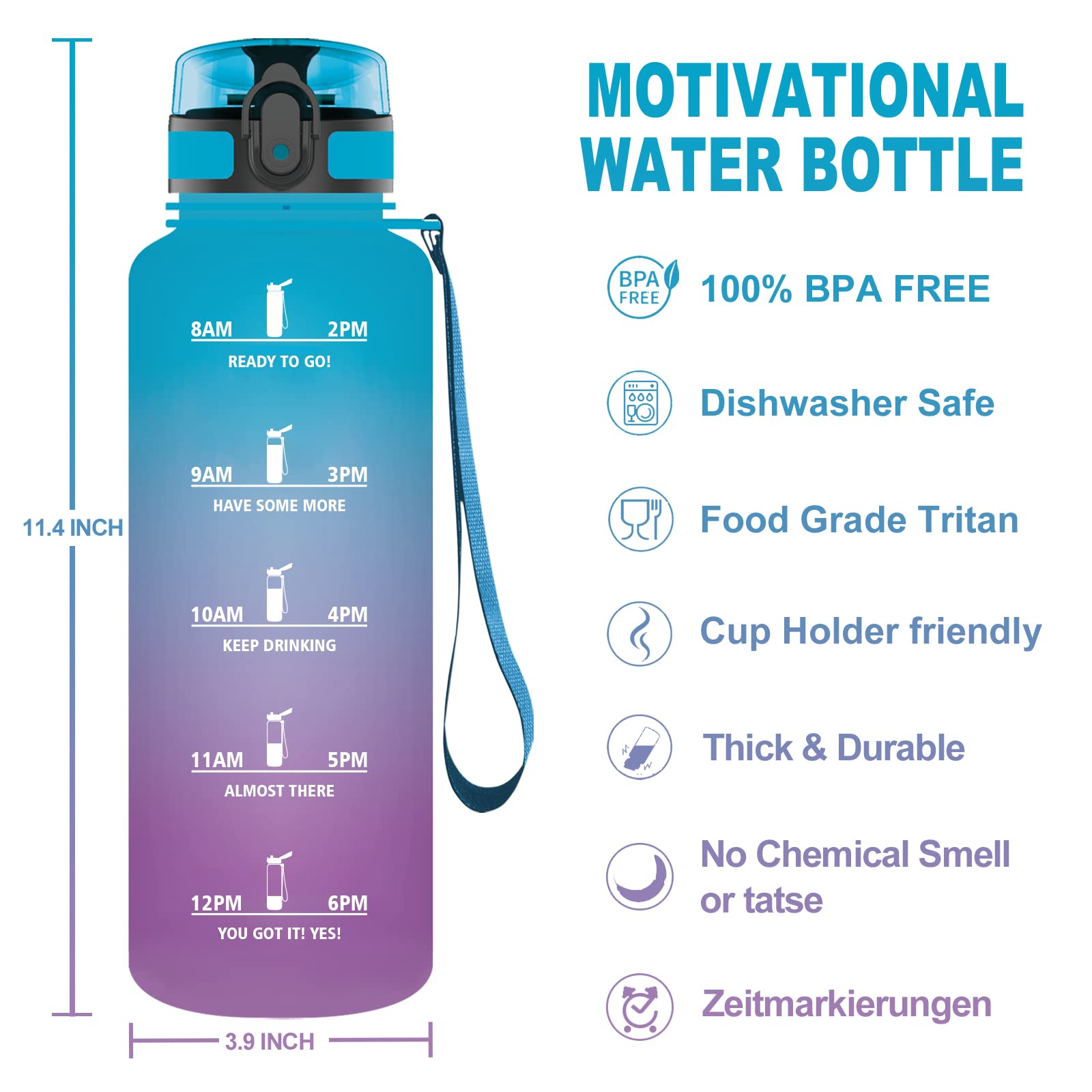 Gourde Sport 1 Litre Vikaster - Sans BPA - Étanche Avec Marqueur Temps - Filtrante - Pour Gym, Rando, Yoga