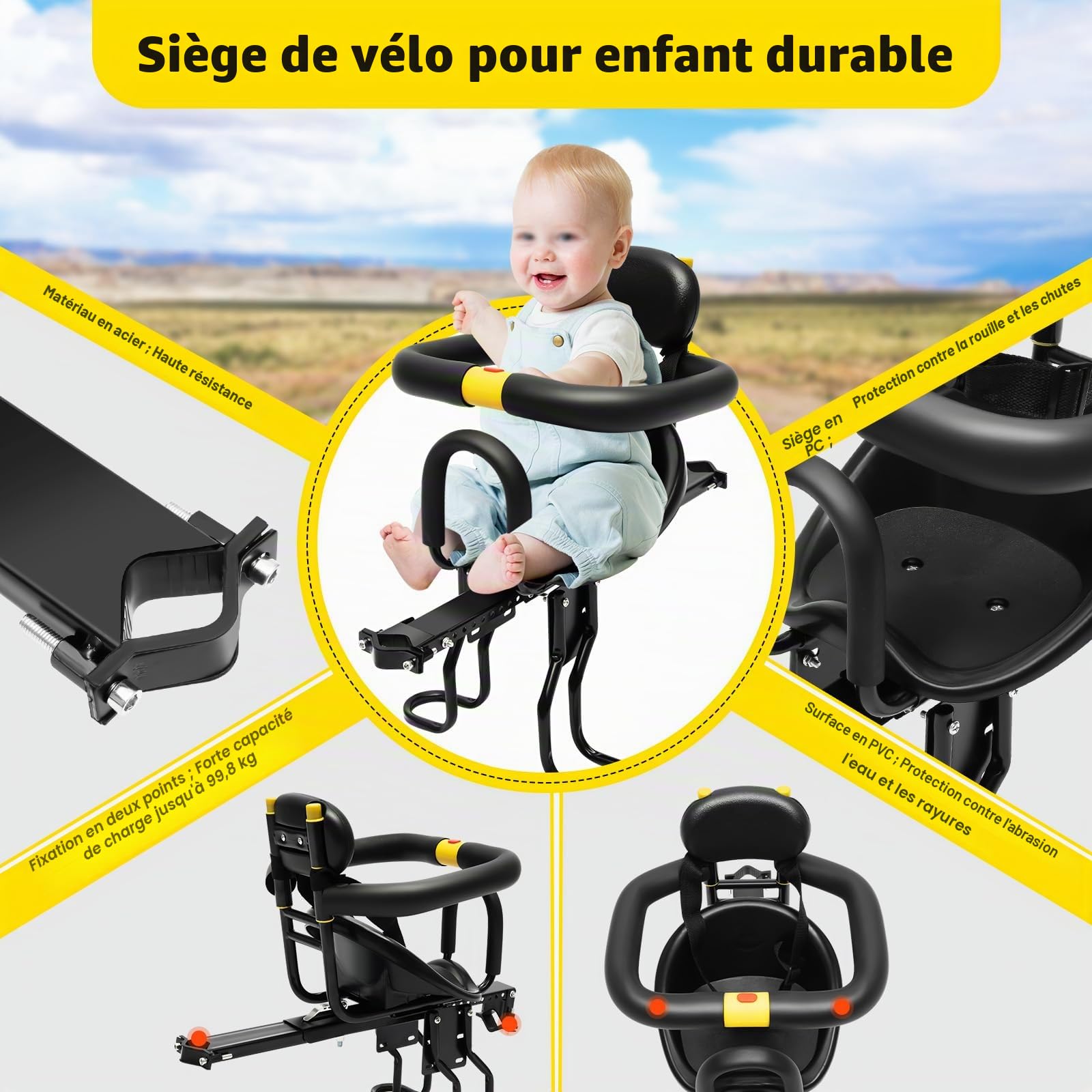 Siège enfant de vélo - Siège vélo pour enfant avant - Siège de sécurité avec poignée de sécurité pour enfants de 1 à 7 ans - Convient pour les VTT, vélos, véhicules électriques