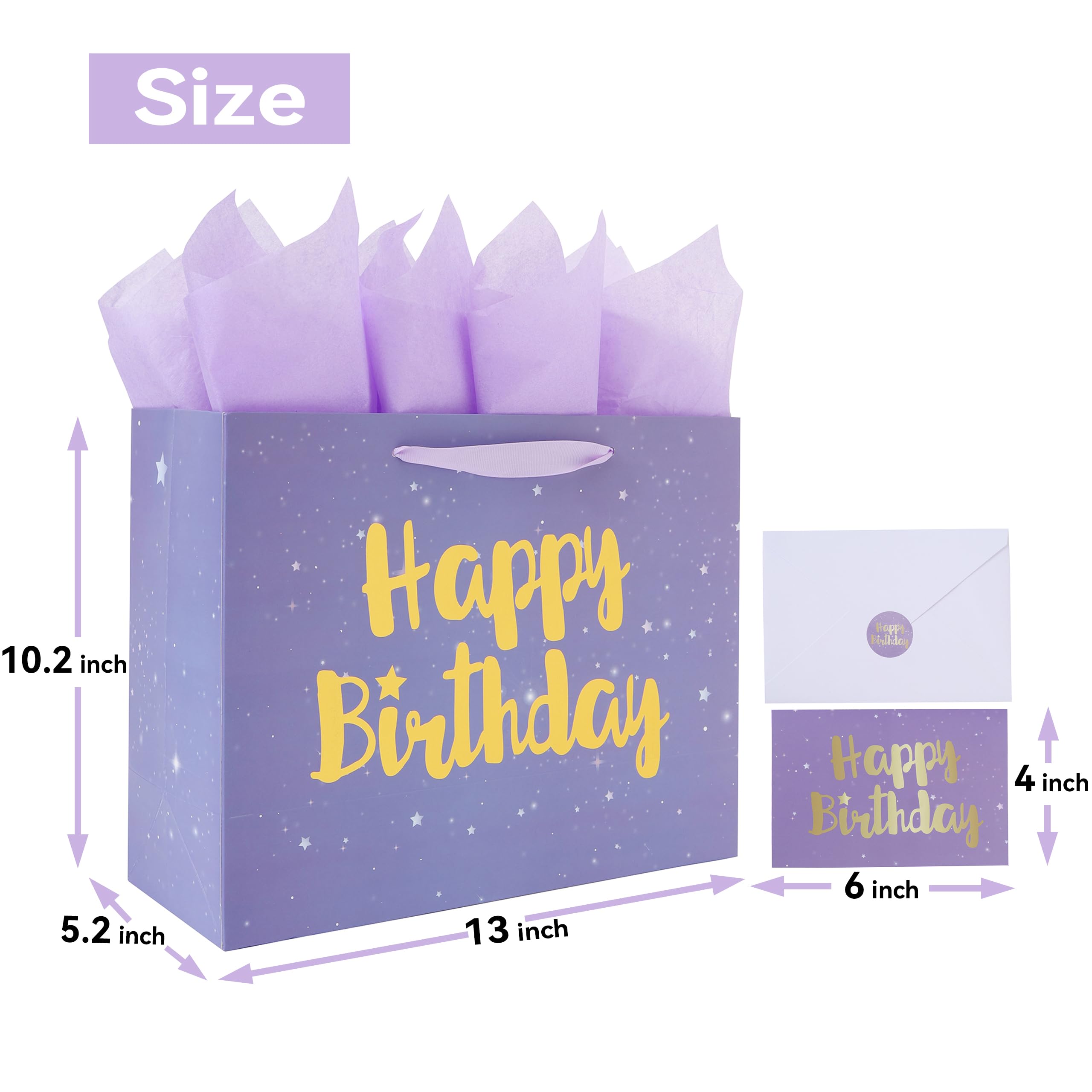 Qirrmiy 13” Large Purple Happy Birthday Gift Bag Set with Handles, Greeting Card, Lavender Tissue Papers and Stickers for Women Girls Kids, Stars Design, 1 Pcs.