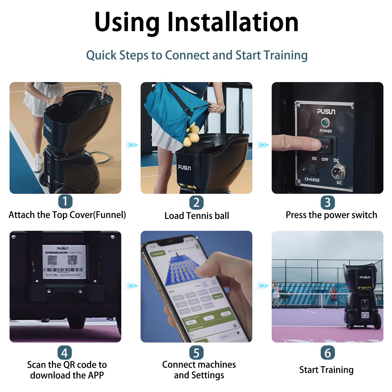 PUSUN PT-MAX C - Macchina per palline da tennis professionale con controllo APP, 28 punti di atterraggio e 26 modalità di allenamento, allenatore intelligente con sistema di velocità variabile (durata
