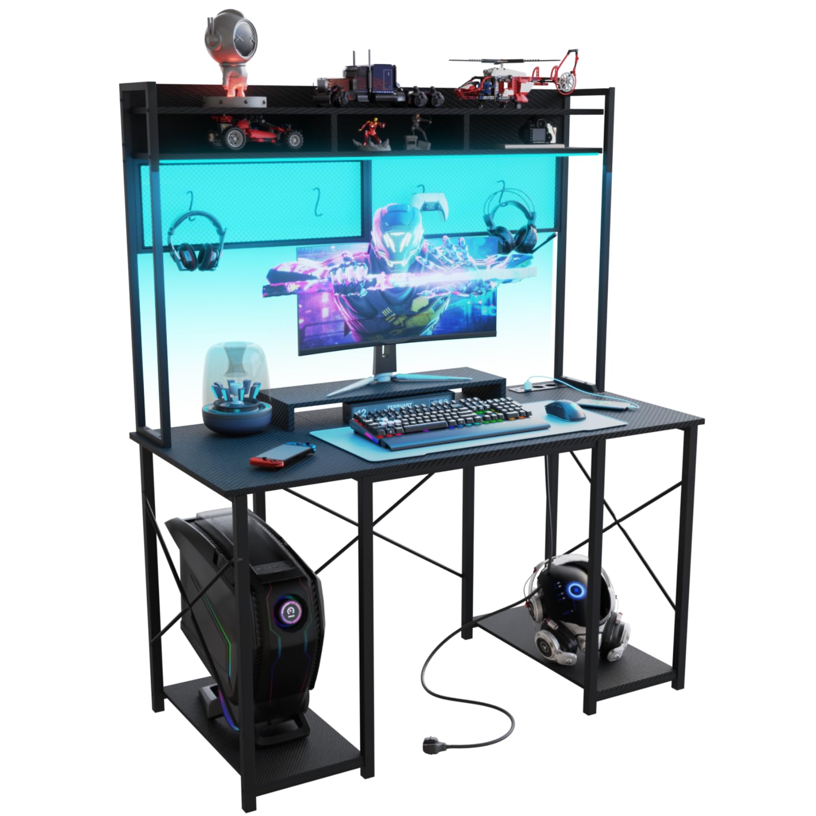 TRIUMPHKEY Escritorio Gaming con LED, 120x60cm Escritorio de Ordenador con Soporte y Estante de Almacenamiento, Mesa de Juego Ergonómico con Enchufe y 2 Tomas USB para Salas de Juego y Oficina Negro
