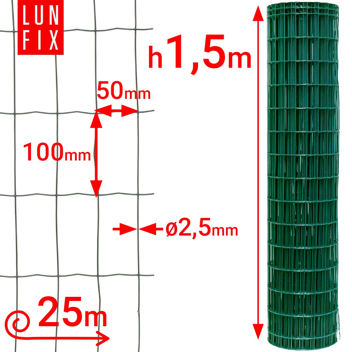 Maschendrahtzaun 10 x 5 cm Ø 2.5 mm 1.5 m x 25 m verzinkter Stahl Grün | PVC-beschichtet, Gartenzaun Hundezaun Wildzaun Hühnerzaun Drahtgitter Zaun Schweißgitter
