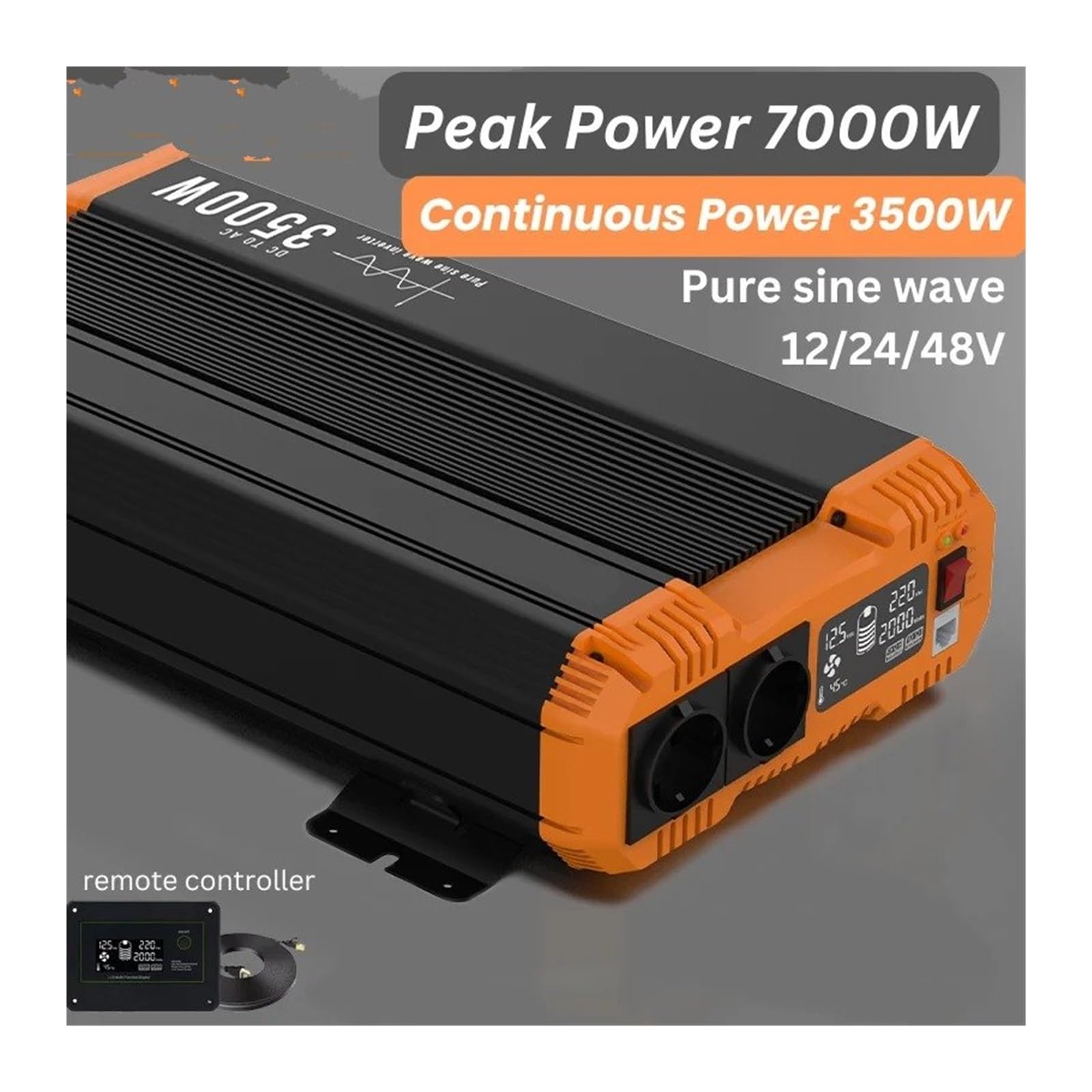 Power Inverter Inversor Corriente Inversor Onda Sinusoidal Pura 7000 W 12 V/24 V/48 V A 220 V/230 V 3500 W Potencia Continua con Control Remoto Ideal para Hogar Autocaravana(48V,3000W-50Hz)
