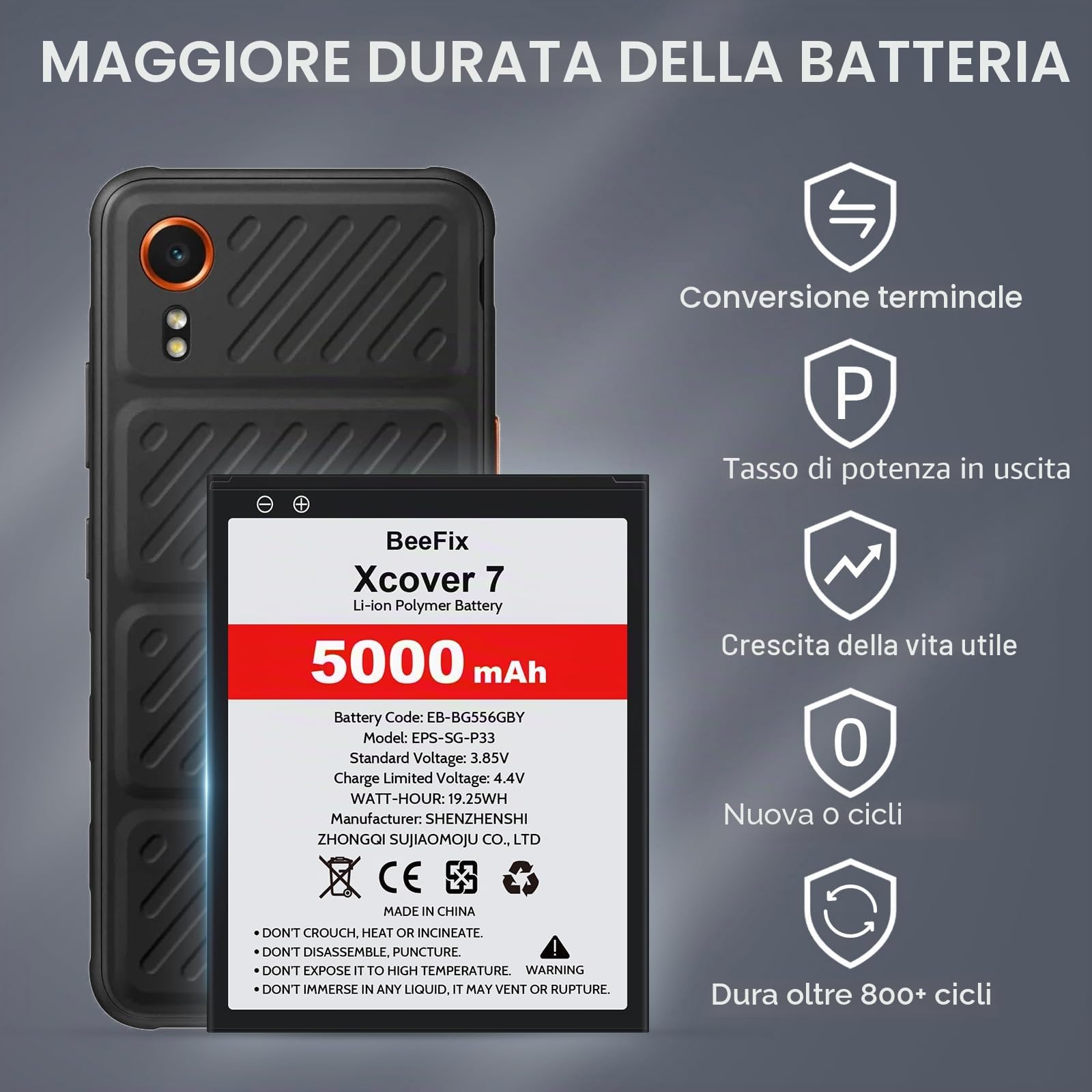 Batteria di ricambio per Samsung Galaxy Xcover 7 (SM-G556B), 5000 mAh ad alta capacità per Galaxy Xcover 7 (EB-BG556GBY) con strumenti di riparazione professionali