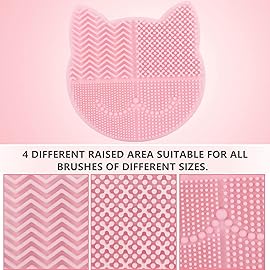 Silicon Makeup Brush Cleaner Mat with Portable Cat Shaped Cosmetic Brush Cleaner Pad - Pink