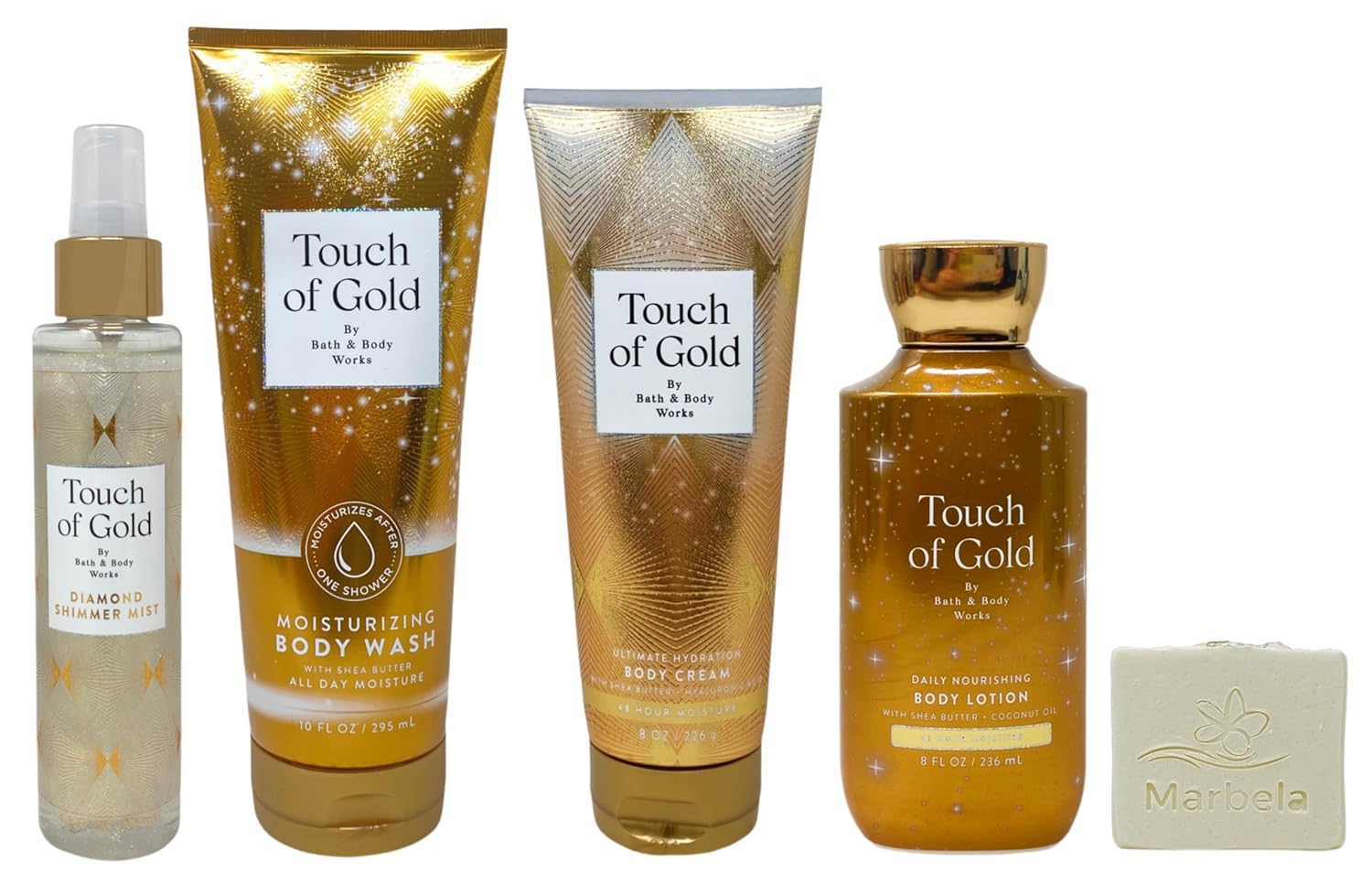 Bath & Body Works Touch of Gold Diamond Shimmer Mist, Moisturizing Body Wash, Ultimate Hydration Body Cream and Daily Nourishing Body Lotion with a Natural Oats Bar