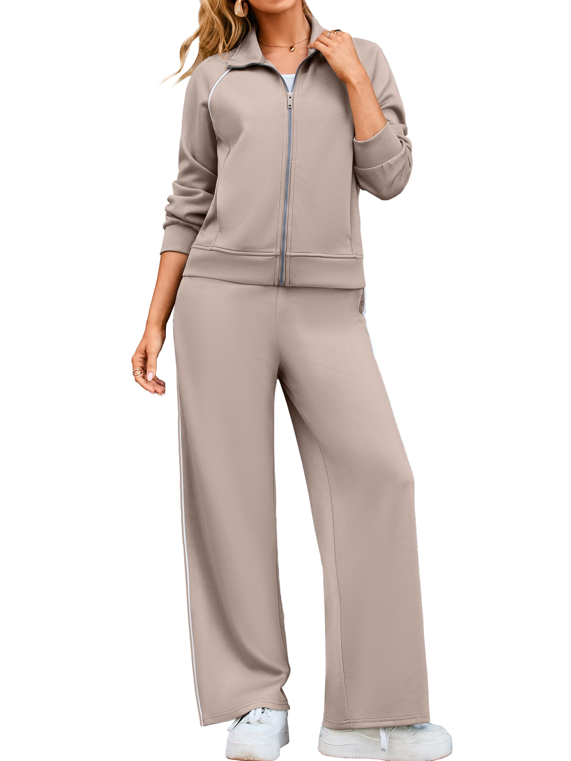 Glamaker Womens 2 Piece Sweat Sets Long Sleeve Zip Up Wide Leg Sweatsuits Travel Sets Athletic Track Suits Fall Outfits