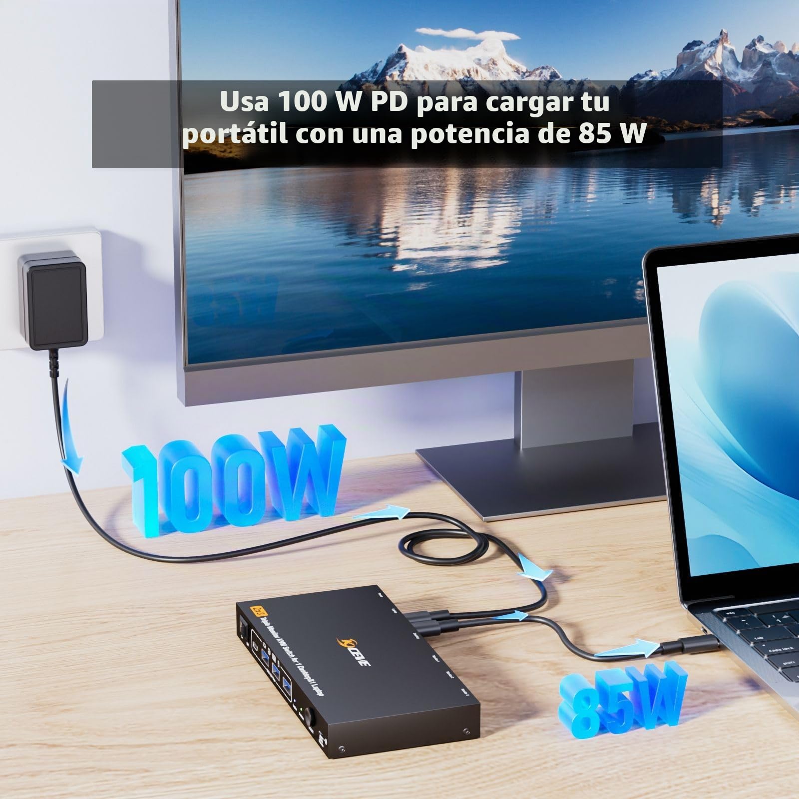 Triple Monitor KVM Switch 1 Laptop 1 Desktop, USB 3.1 KVM Switch 2 PC 3 Monitores USB-C HDMI DP Comparten 4 USB ports, 100W PD, 4K@60Hz, MST, Wired Remote(4K USBC DP HD 2 in 3 out)