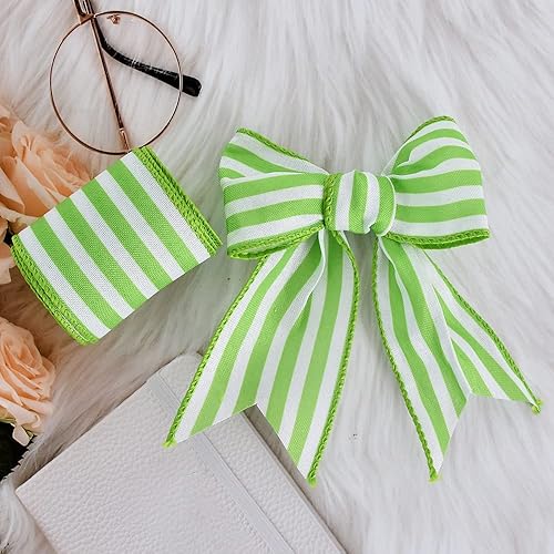 Miniatura 4 de TONIFUL Cinta con alambre de arpillera a rayas verdes y blancas de 2.5 pulgadas, cinta con alambre de primavera de verano para envolver regalos,