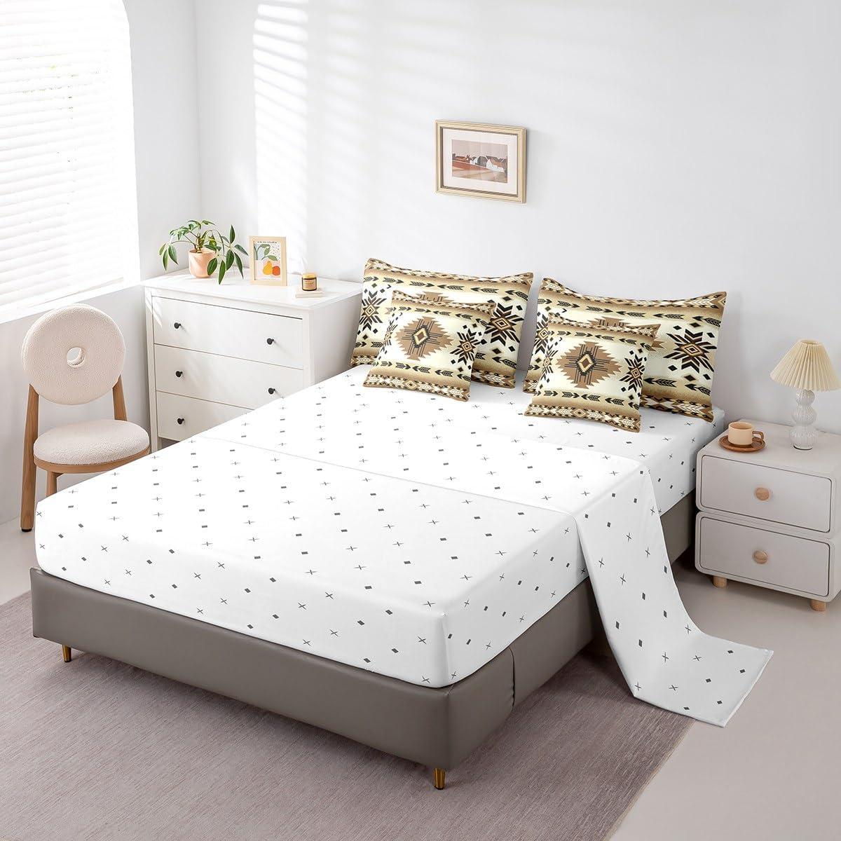 Southwest Native Bed Set Includes Comforter, Sheet Set, Pillowcases & Pillow Covers Southwestern Geometric 7 Piece Bedding Set, Room Decor Western Decor Bed in a Bag, Full Size Beige White Tribal