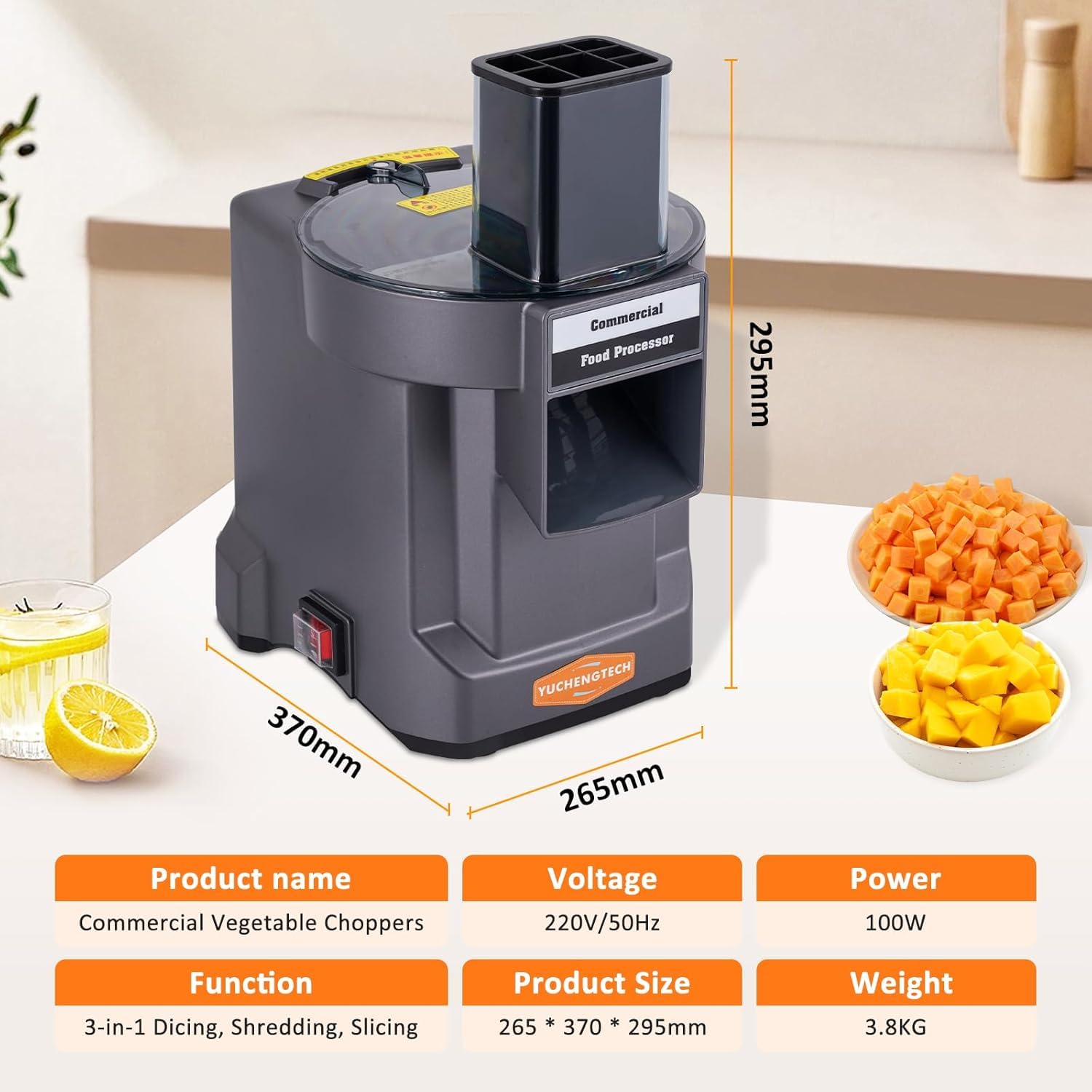 YUCHENGTECH Tagliaverdure Cubetti Elettrico Cubettatrice Verdure Elettrico con 3 Lame Tagliaverdure Elettrico Professionale per Tagliare a Cubetti Affettare e Sminuzzare Frutta e Verdura 100W