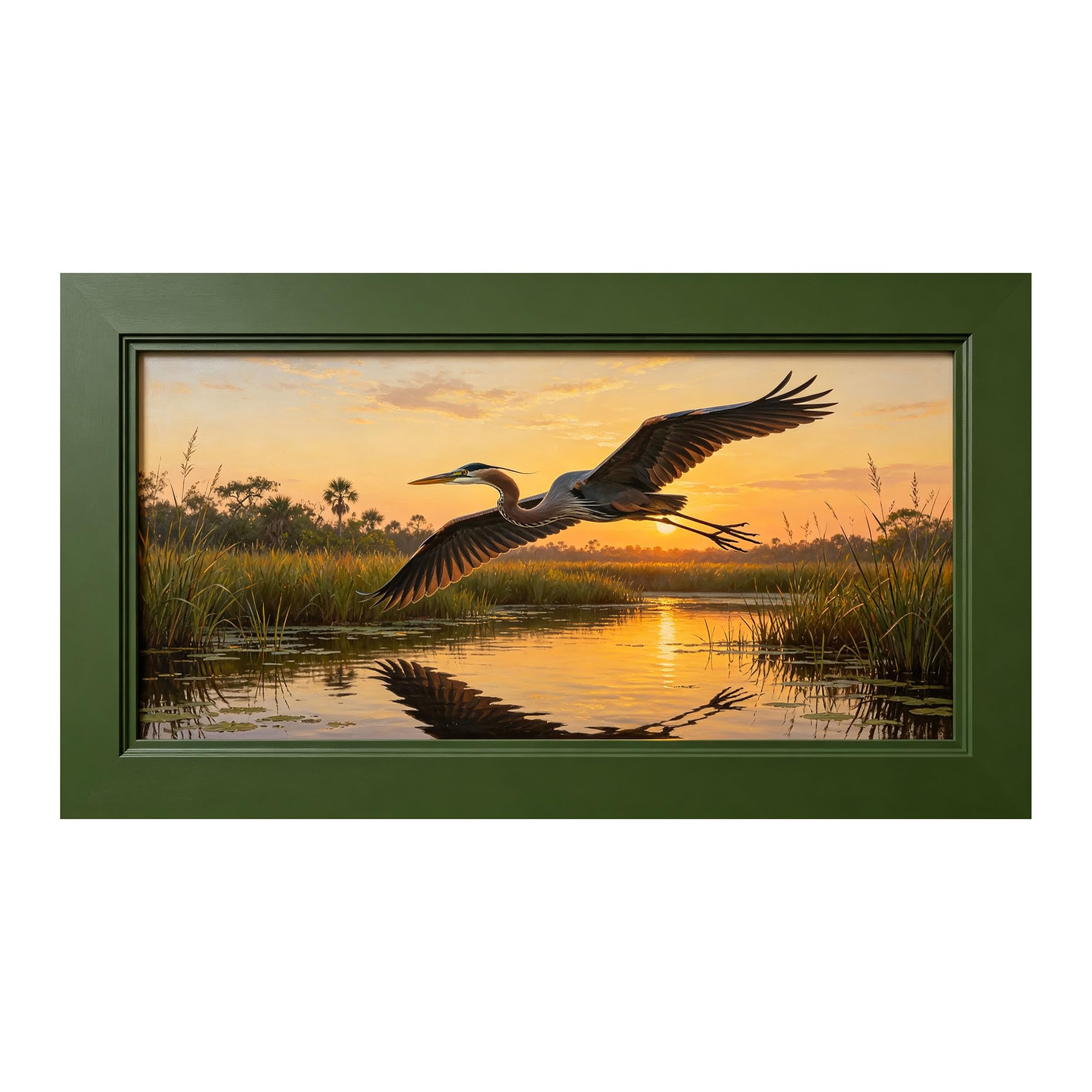Yzpallescene 3D Framed Wall Art 50cm×100cm Flying Heron Sunset Wetland Landscape Oil Painting Large Size SelfAdhesive Removable Wall Decor Prints Artwork for Living Room Bedroom Office