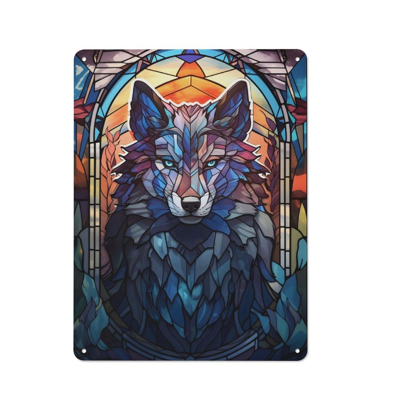 Junmoney Wolf Stained Glass Rustic Tin Wall Plaque 40X30cm For Studio Or Craft Room, For Garage, Workshop And Man Cave Decoration