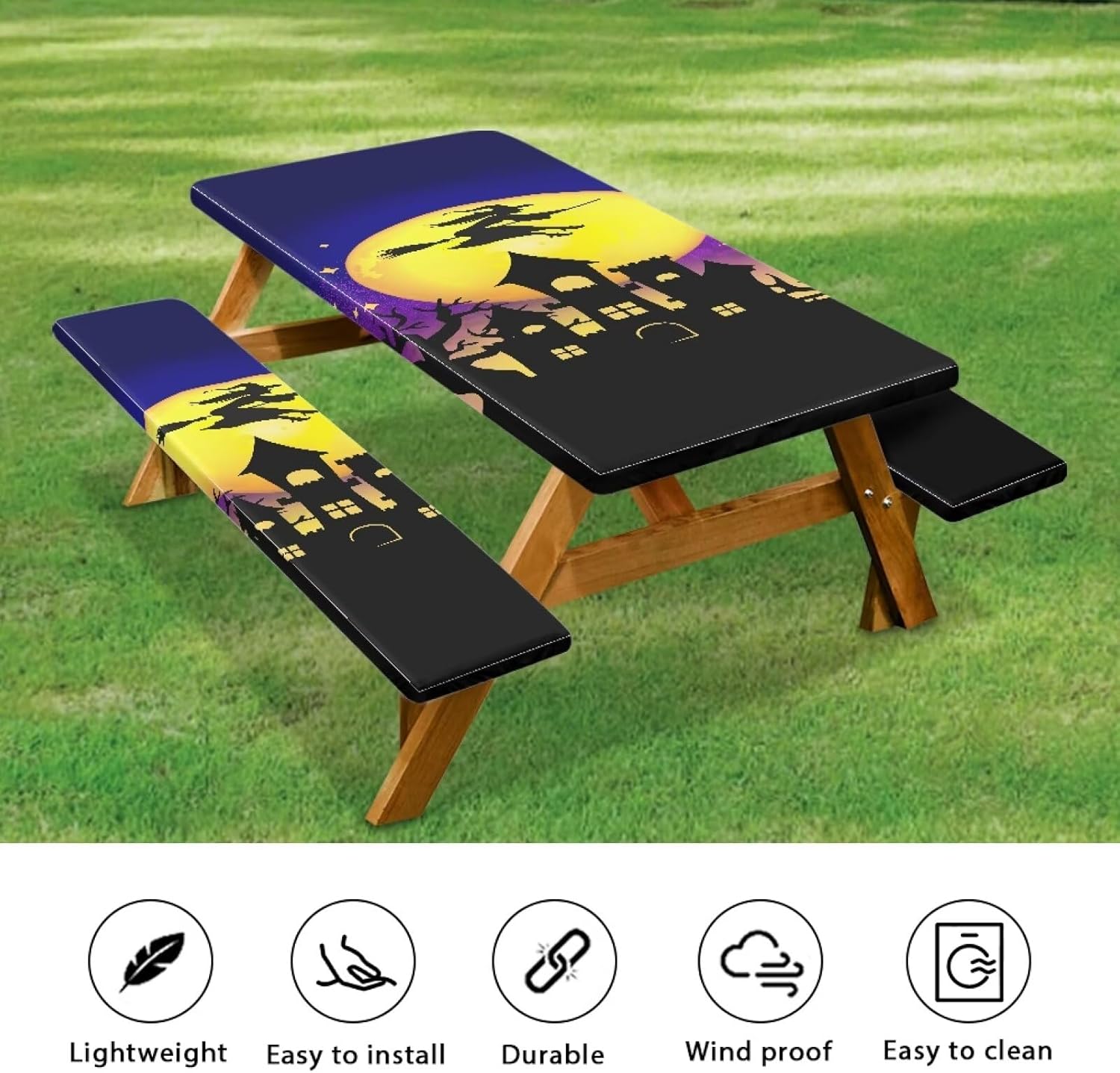Halloween Haunted House Picnic Table Cover with Bench Covers Elastic Fitted Outdoor Camping Essentials, Travel Accessories Table and Seat Covers for Patios, Yards Halloween Decors