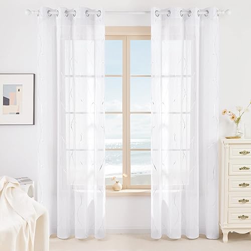 Miniatura 6 de Deconovo - Cortinas translúcidas con patrón de ondas impresas en lámina de aluminio con aspecto de lino juego de 2 paneles de cortinas de gasa con